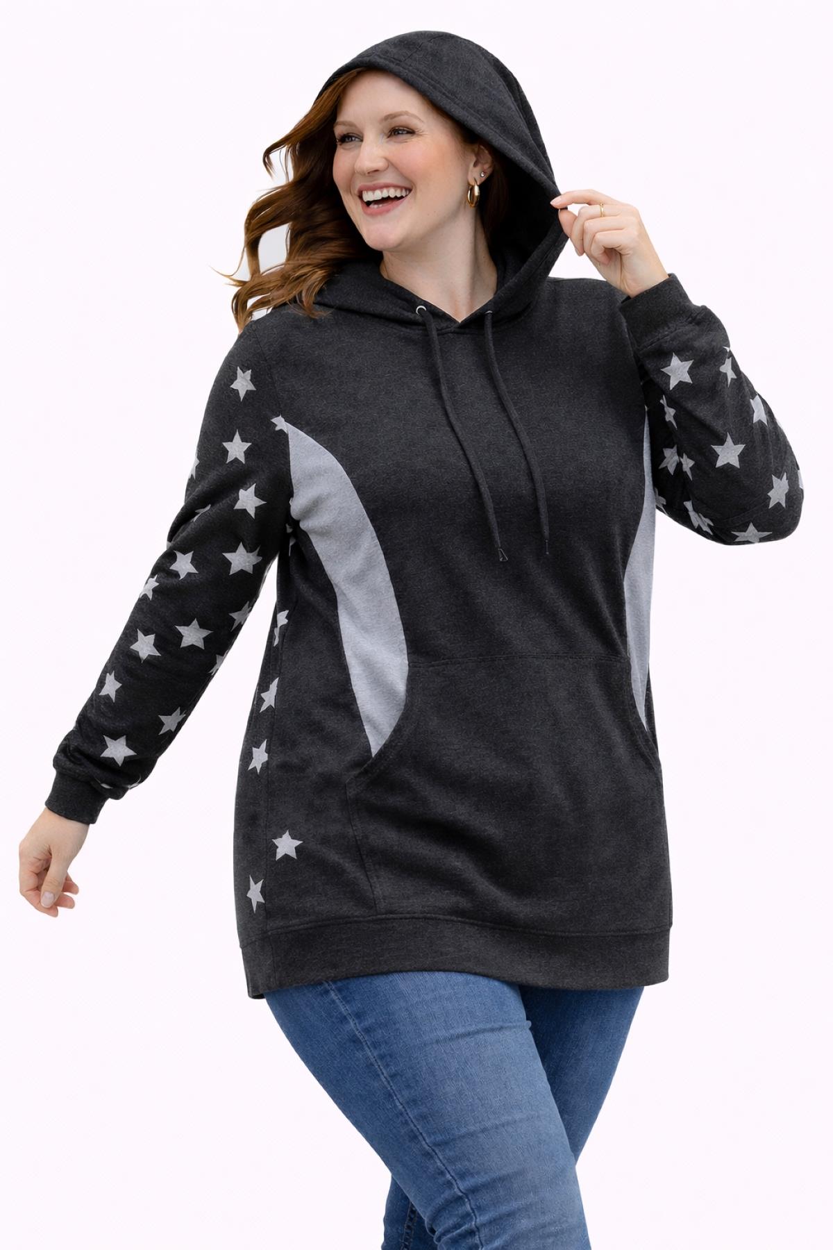 Kadın Büyük Beden Füme, Yıldız Desenli Kanguru Cep Kapüşonlu Sweatshirt 65N39298