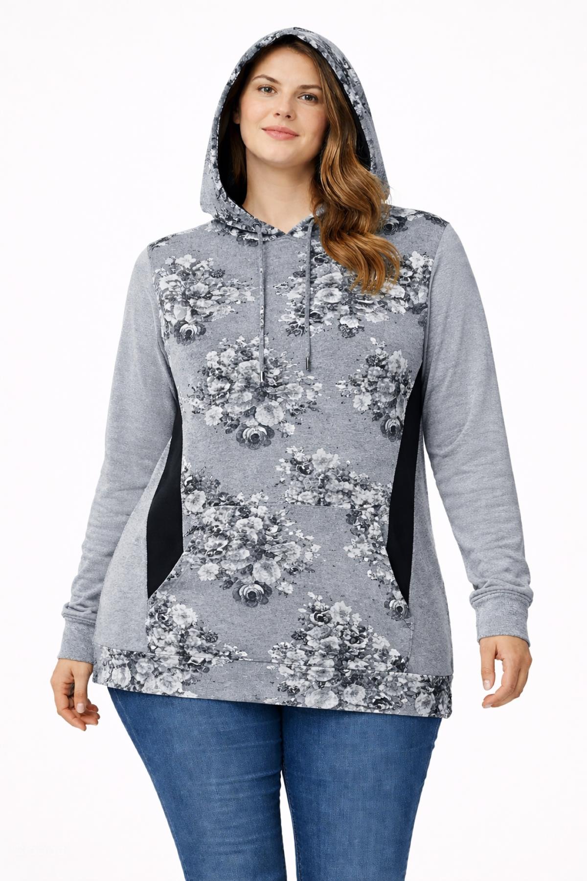 Kadın Büyük Beden Gri, Çiçek Desenli, Kanguru Cep Kapüşonlu Sweatshirt 65N39300