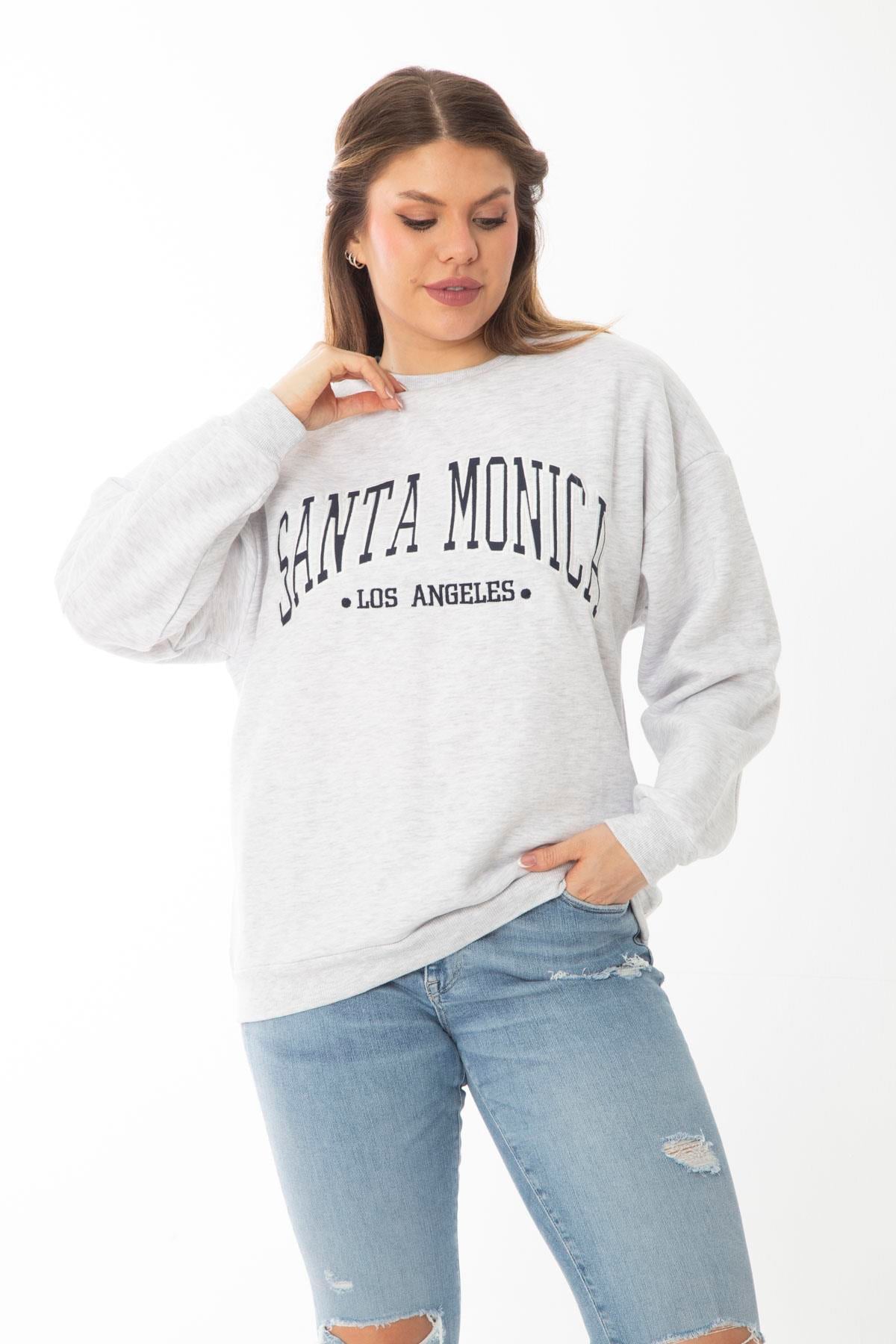 Kadın Büyük Beden Gri İçi Şardonlu  Nakış Baskı Detaylı Swatshirt 65N37010