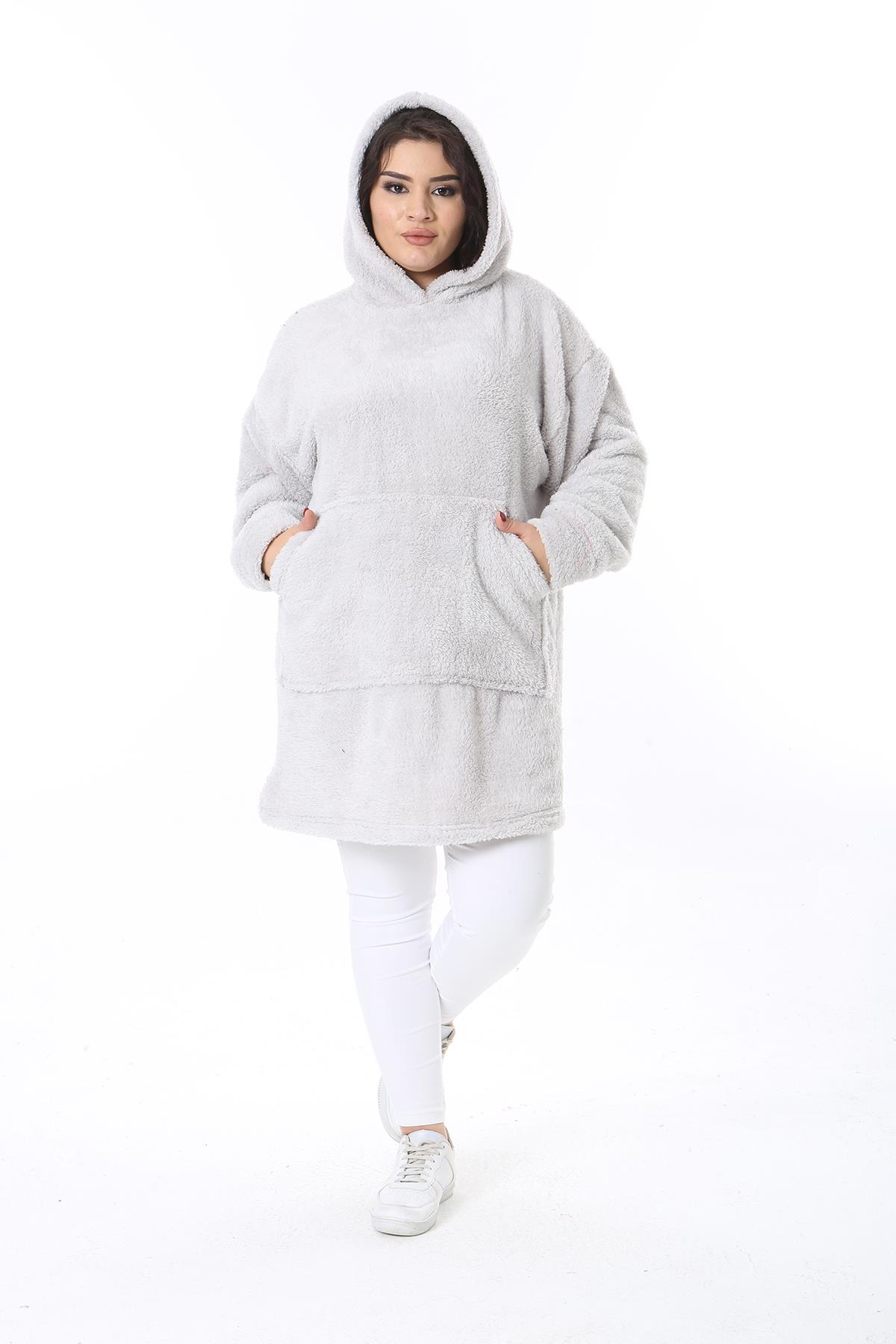 Kadın Büyük Beden Gri Kapşonlu Peluş Sweatshirt 65N38573