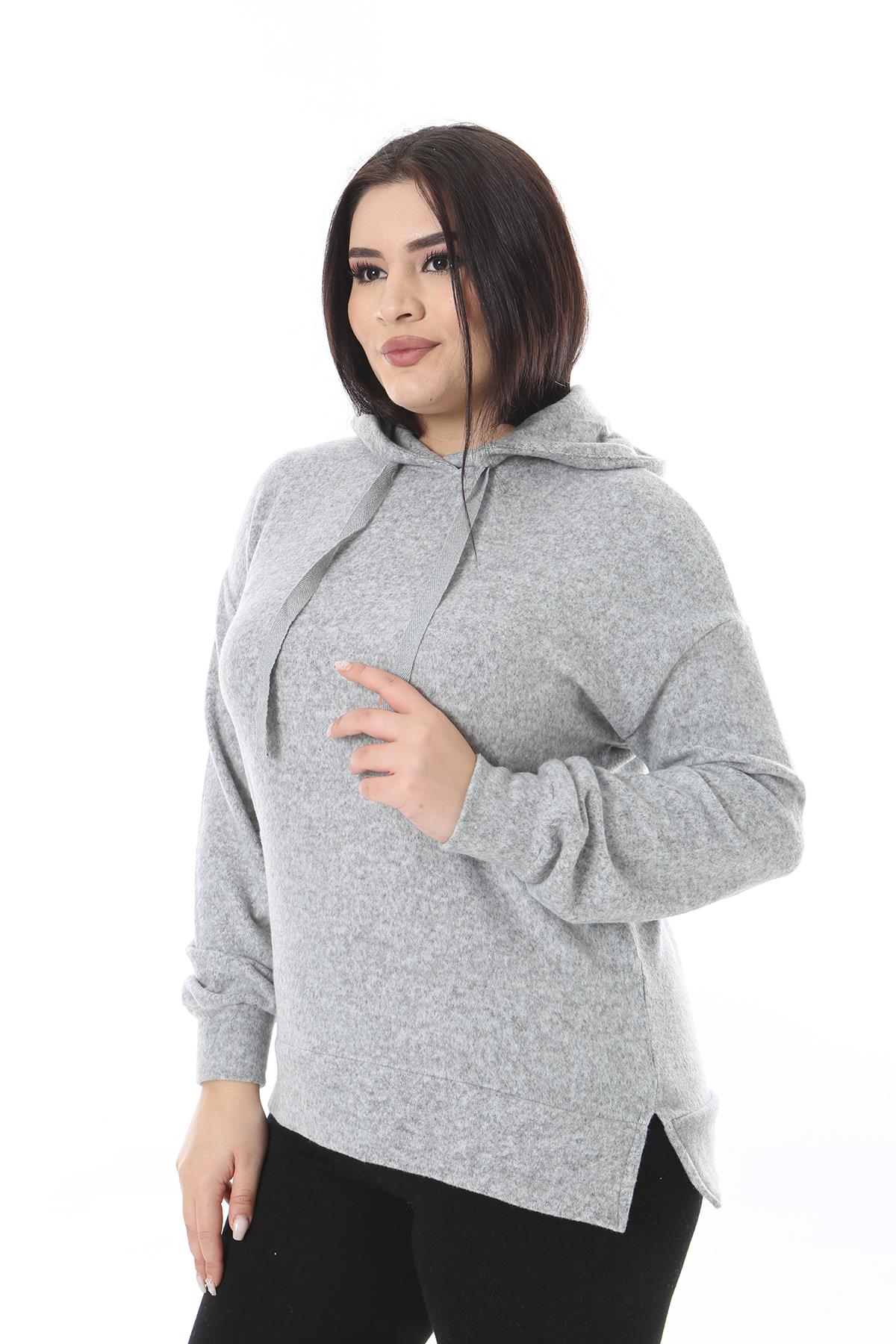 Kadın Büyük Beden Gri Kapşonlu Polar Sweatshirt 65N38521