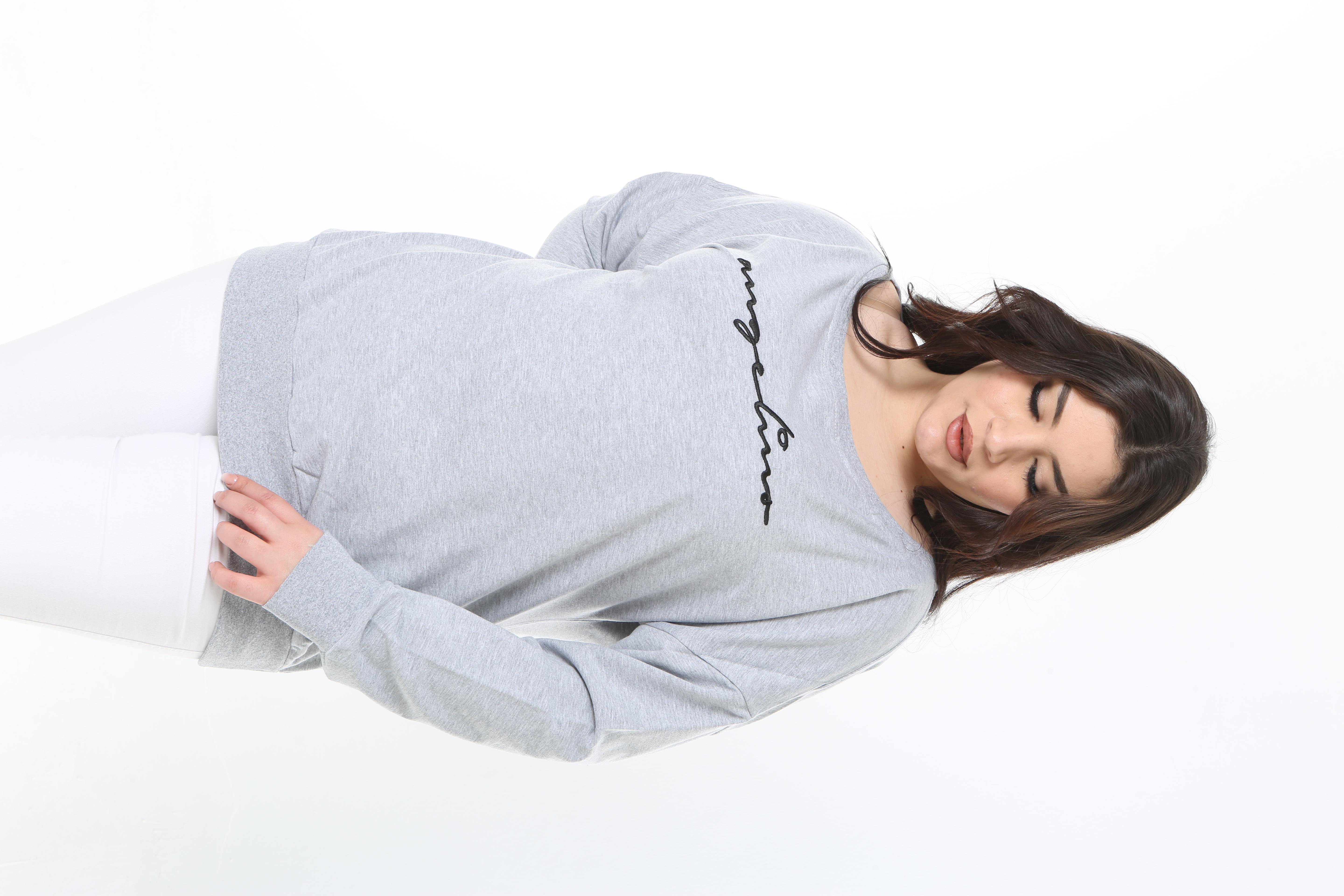 Kadın Büyük Beden Gri Nakış Detaylı Bisiklet Yakalı Bluz 65N38866