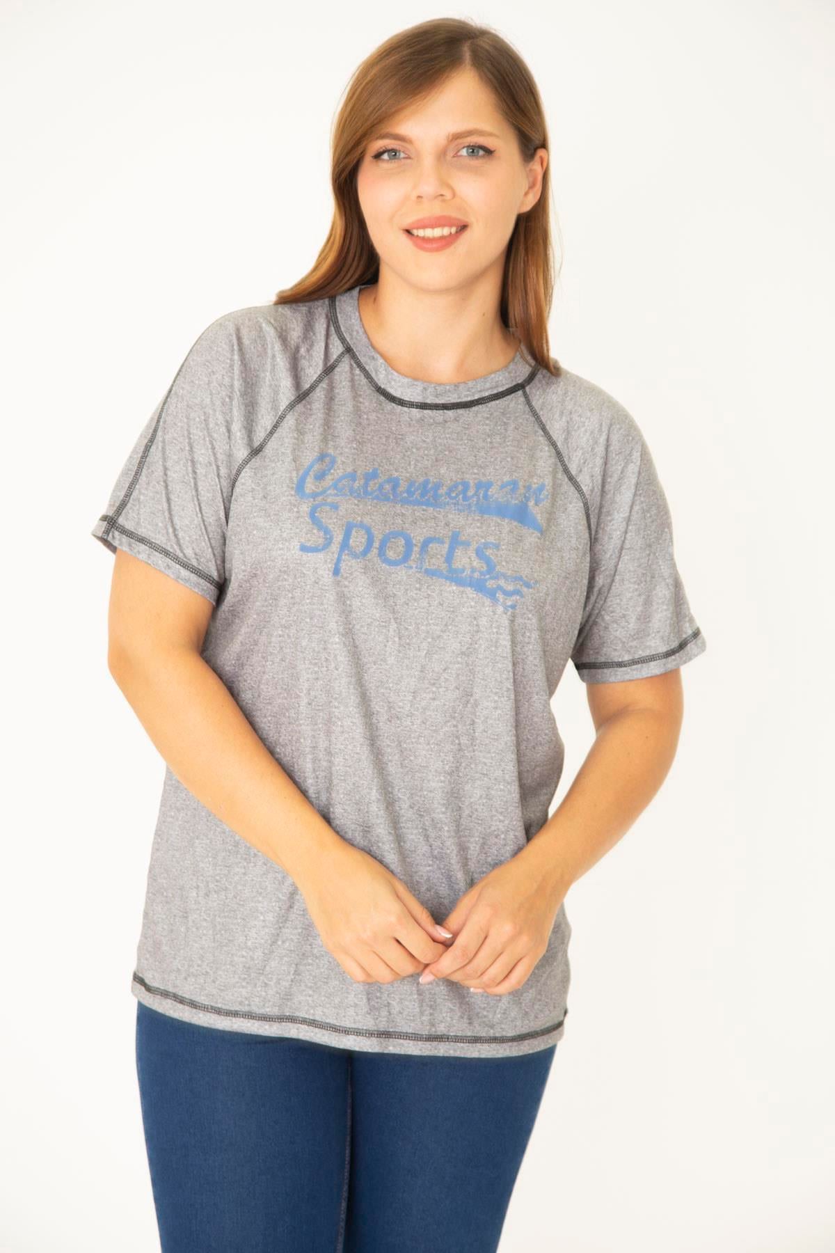 Kadın Büyük Beden Gri Reglan Kol Reçme Dikişli Spor Bluz 65N36951
