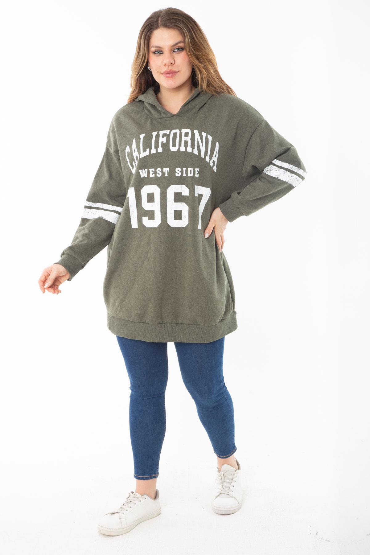 Kadın Büyük Beden Haki İçi Şardonlu Üç İplik Kapşonlu Sweatshirt 65N37290