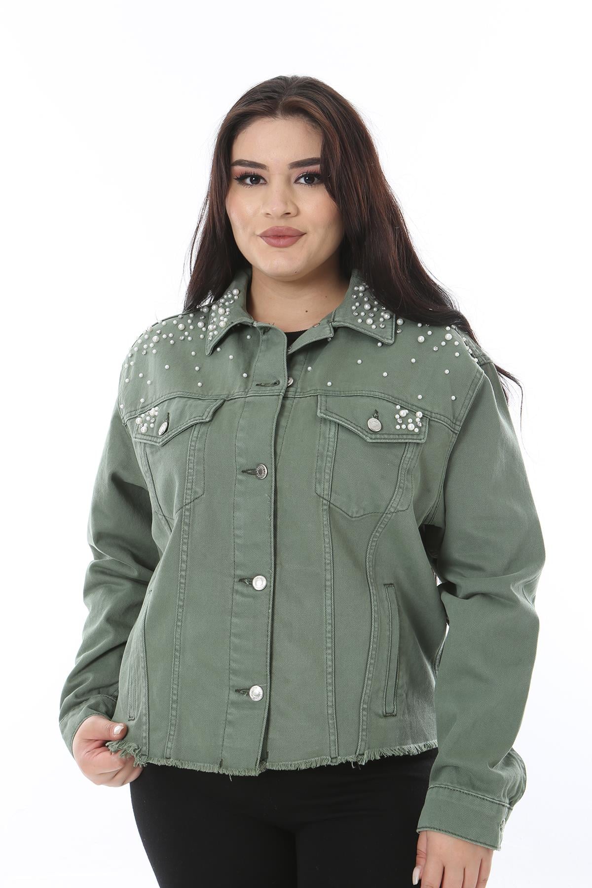 Kadın Büyük Beden Haki İnci Ve Taş İşli Kot Mont 65N38492