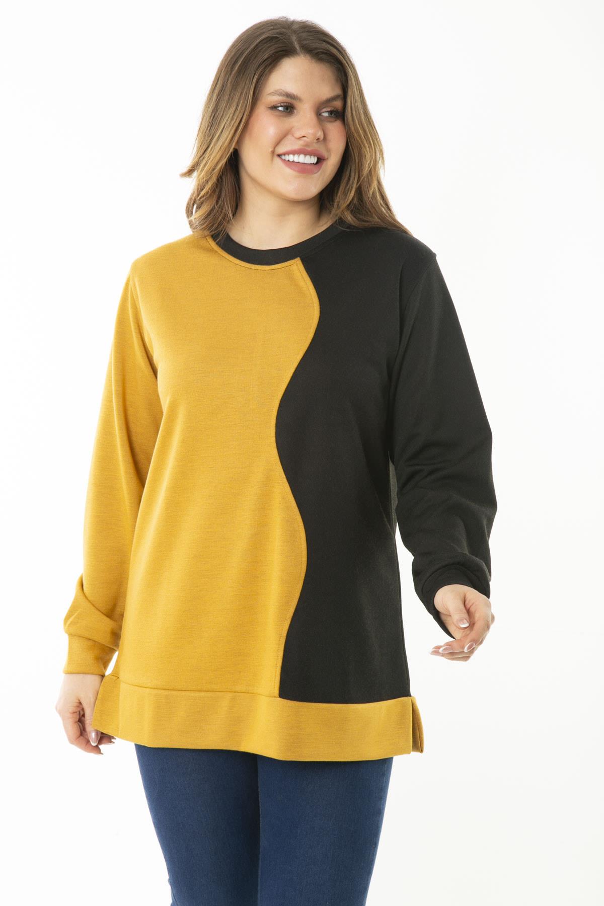 Kadın Büyük Beden Hardal Dueble Face Kumaş Renk Kombinli Sweatshirt 65N37124