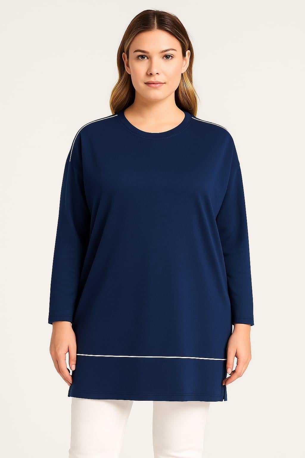 Kadın Büyük Beden İndigo, Bisklet Yaka, Omuz Ve Ön Biye Detaylı, Yanyırtmaçlı Sweatshirt 65N39148