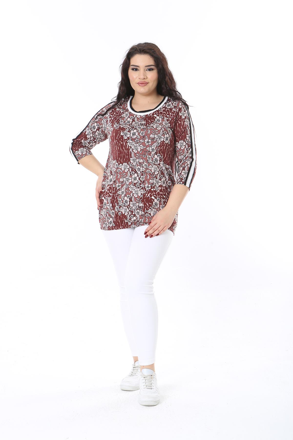 Kadın Büyük Beden Kahve Yaka Ve Kolu Sim Ribanalı Etek Ucu Lastikli Bluz 65N38649