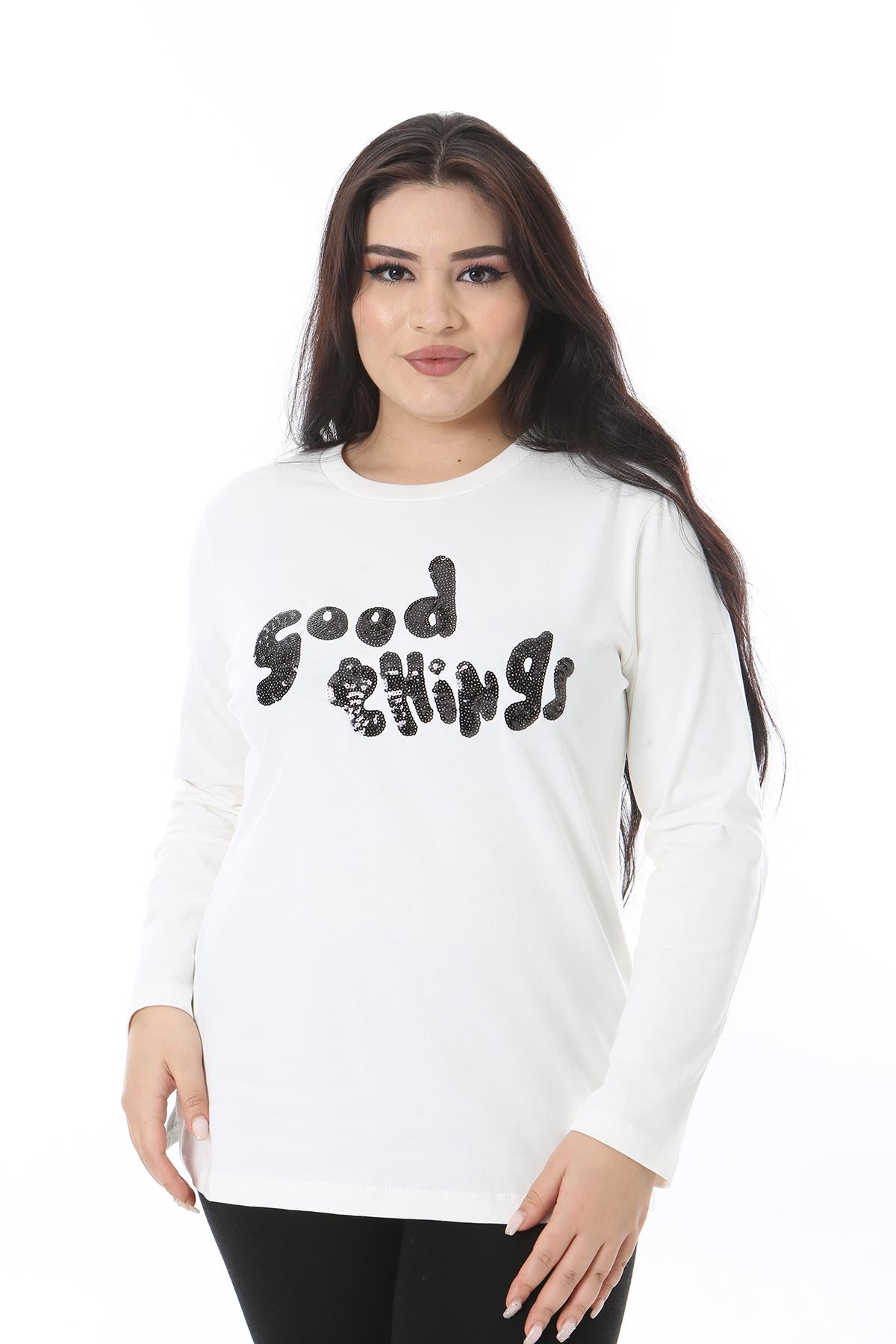 Kadın Büyük Beden Kemik Payet Detaylı Sweatshirt 65N38685