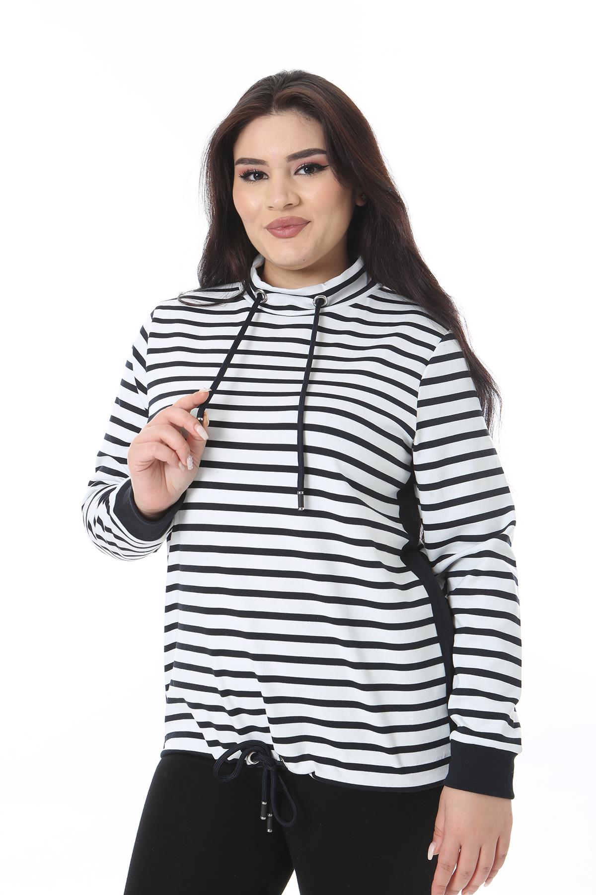 Kadın Büyük Beden Kemik Yaka Ve Etek Ucu Kuşgözü Bağcık Detaylı Likralı Sweatshirt 65N38626