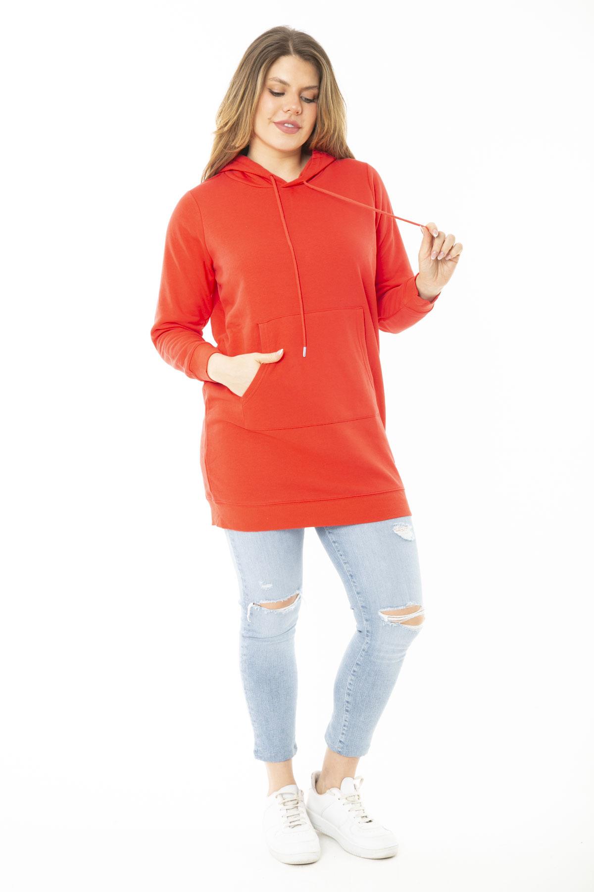 Kadın Büyük Beden Kırmızı İçi Şardonlu İki İplik Kapşonlu Sweatshirt 65N37160