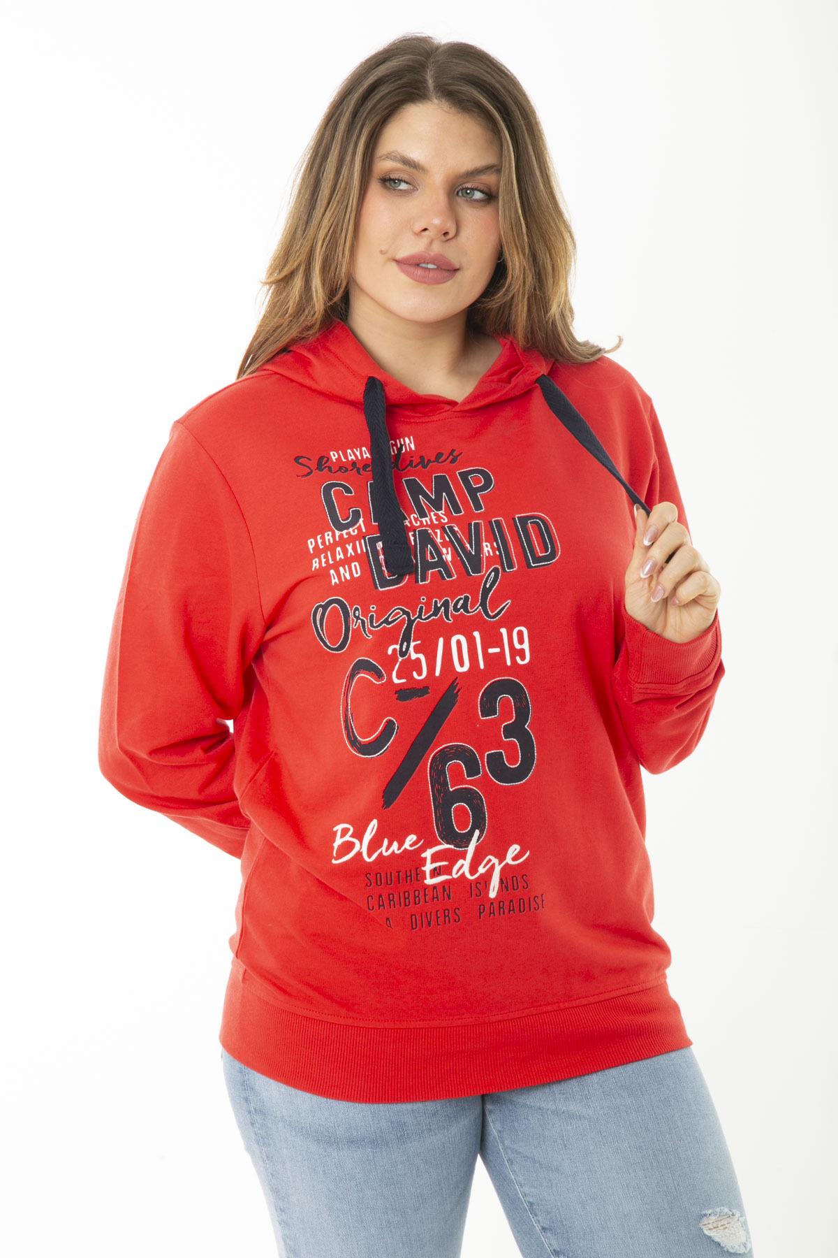 Kadın Büyük Beden Kırmızı İki İplik Ön Baskılı Kapşonlu Sweatshirt 65N37161