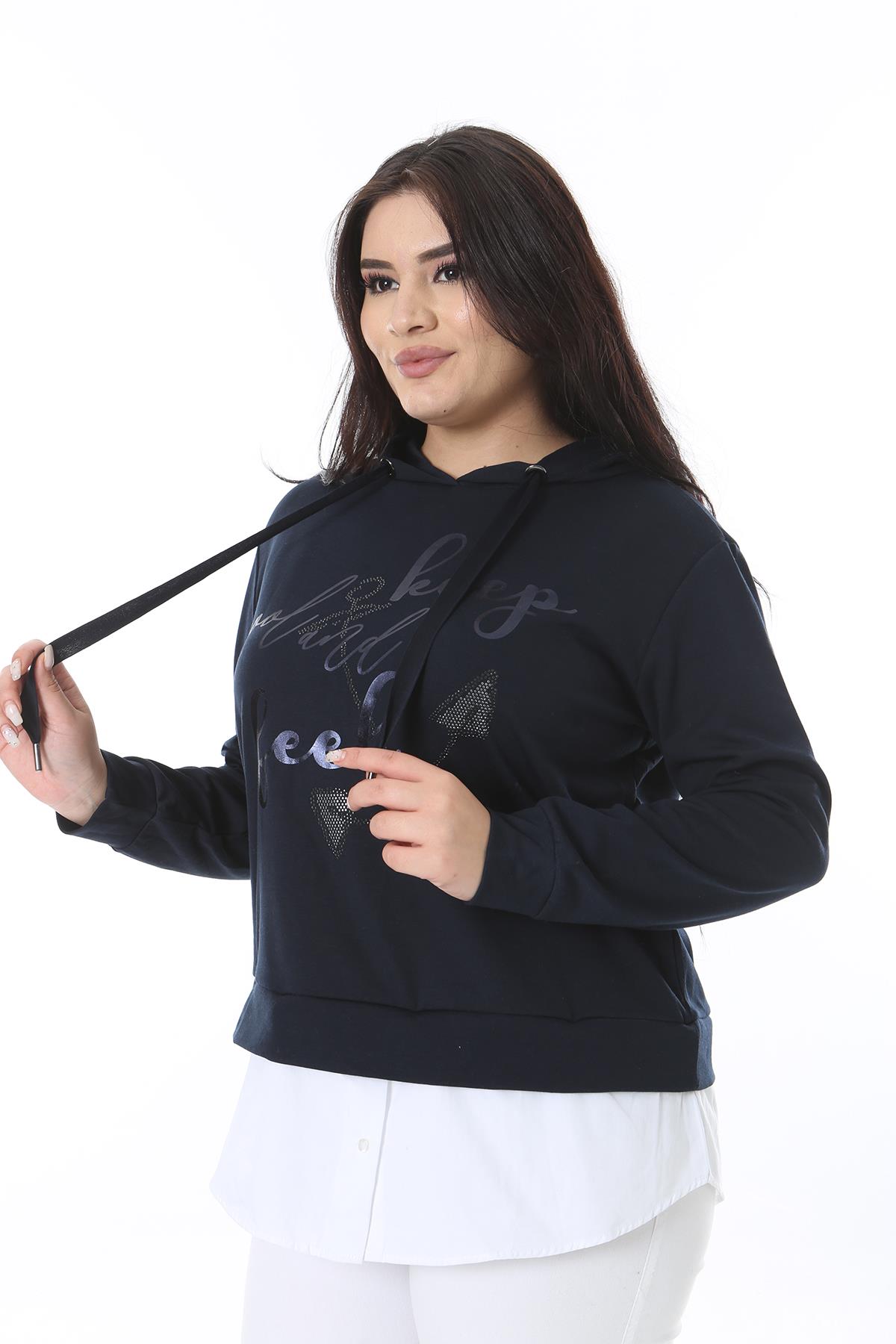 Kadın Büyük Beden Lacivert Alt Kısmı Çıkarılabilir Gömlek Görünümlü Sweatshirt 65N38629