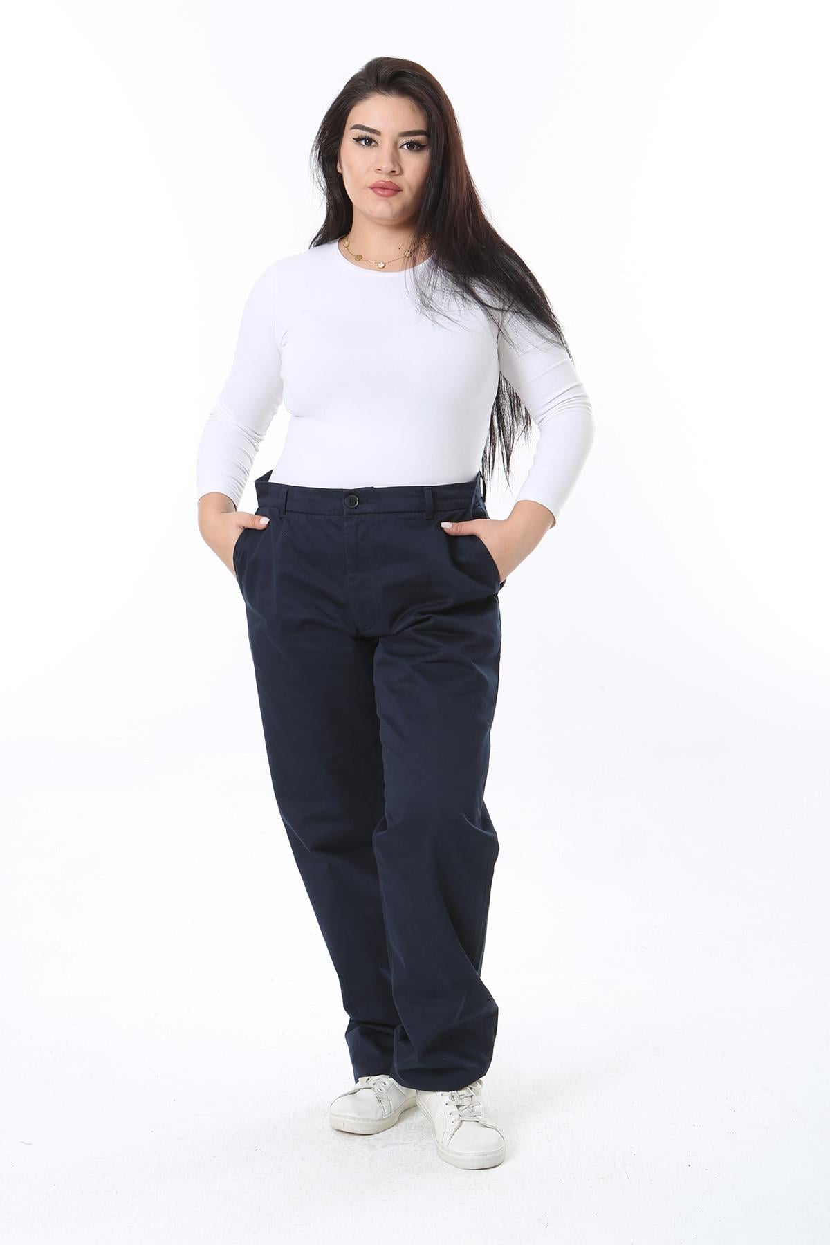Kadın Büyük Beden Lacivert Gabardin Kumaş Yan Cepli Pantolon 65N38410