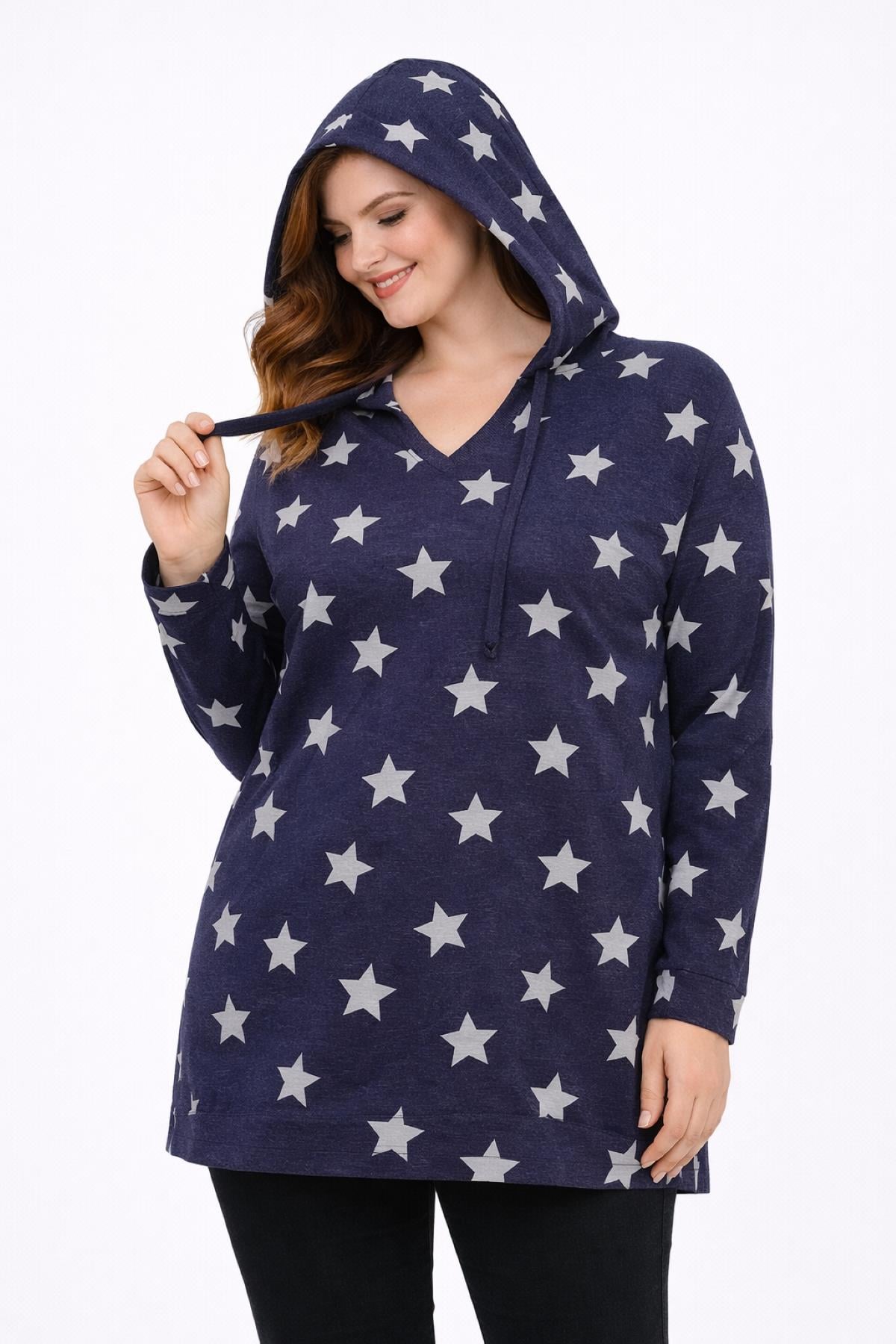 Kadın Büyük Beden Lacivert, Yıldız Desenli, V Yaka, Kapüşonlu Sweatshirt 65N39301