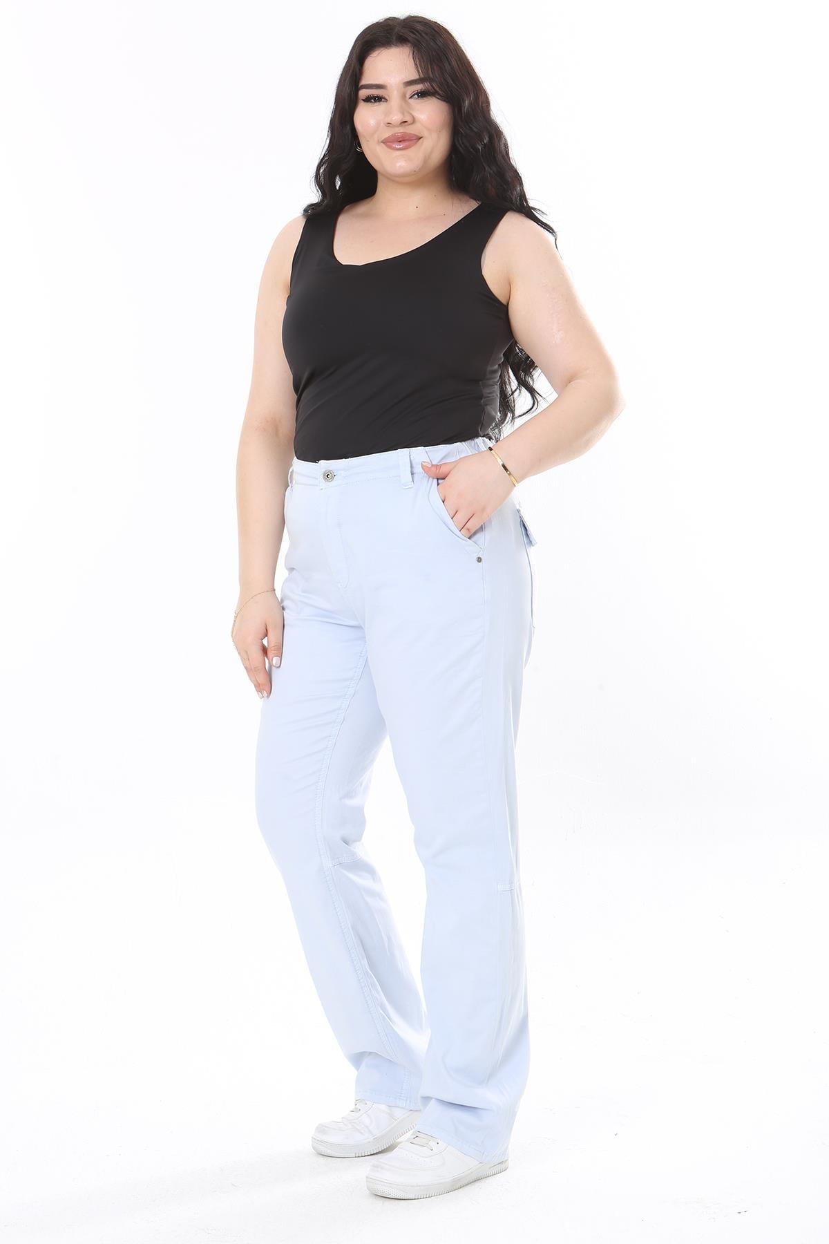 Kadın Büyük Beden Mavi Likralı Gabardin Kumaş Arka Beli Lastikli Pantolon 65N38100