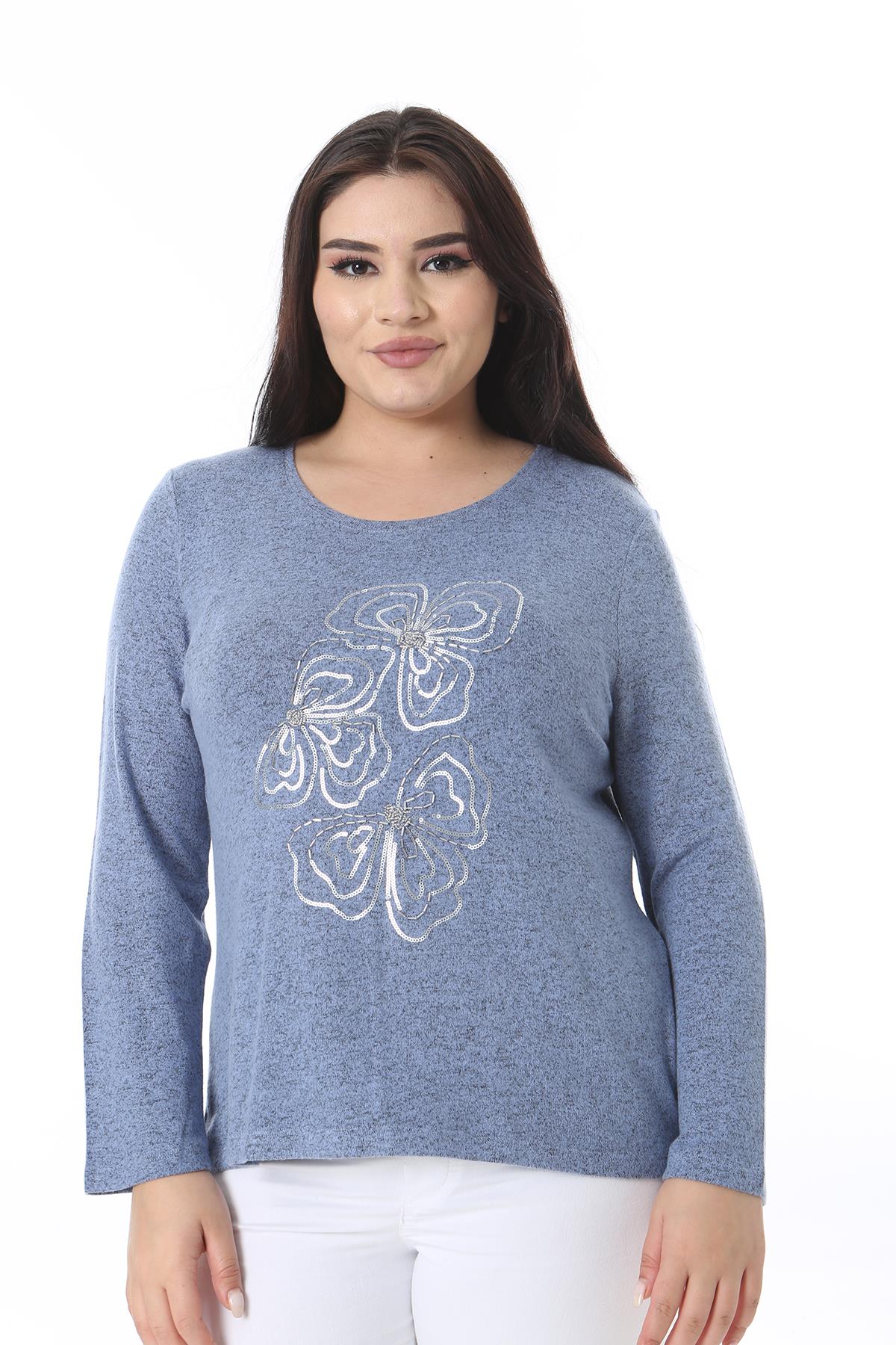 Kadın Büyük Beden Mavi Payet Ve Taş Detaylı Bluz 65N38644