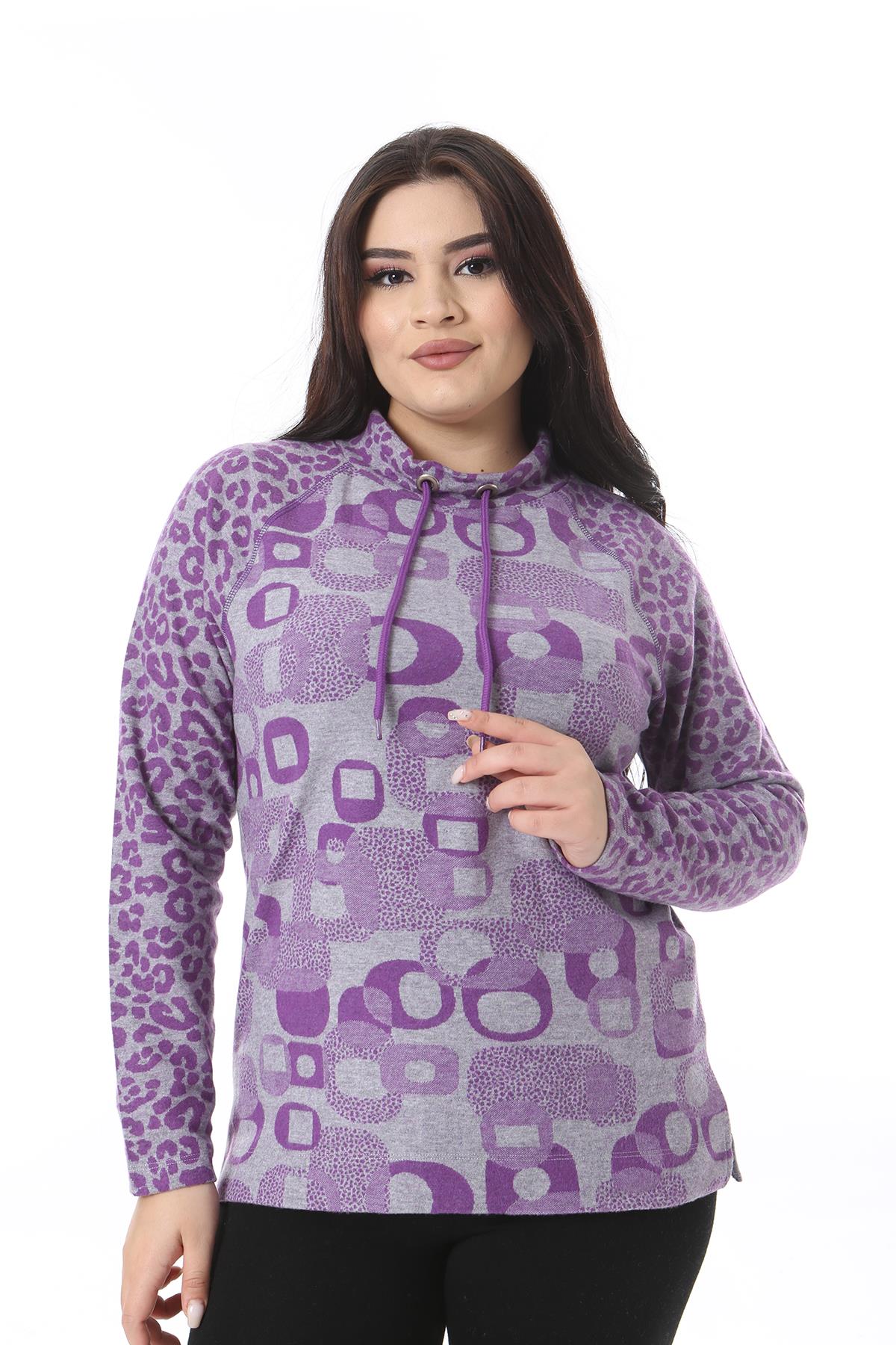 Kadın Büyük Beden Mor Yakası Kuşgözü Bağcık Detaylı Reglan Kol Sweatshirt 65N38517