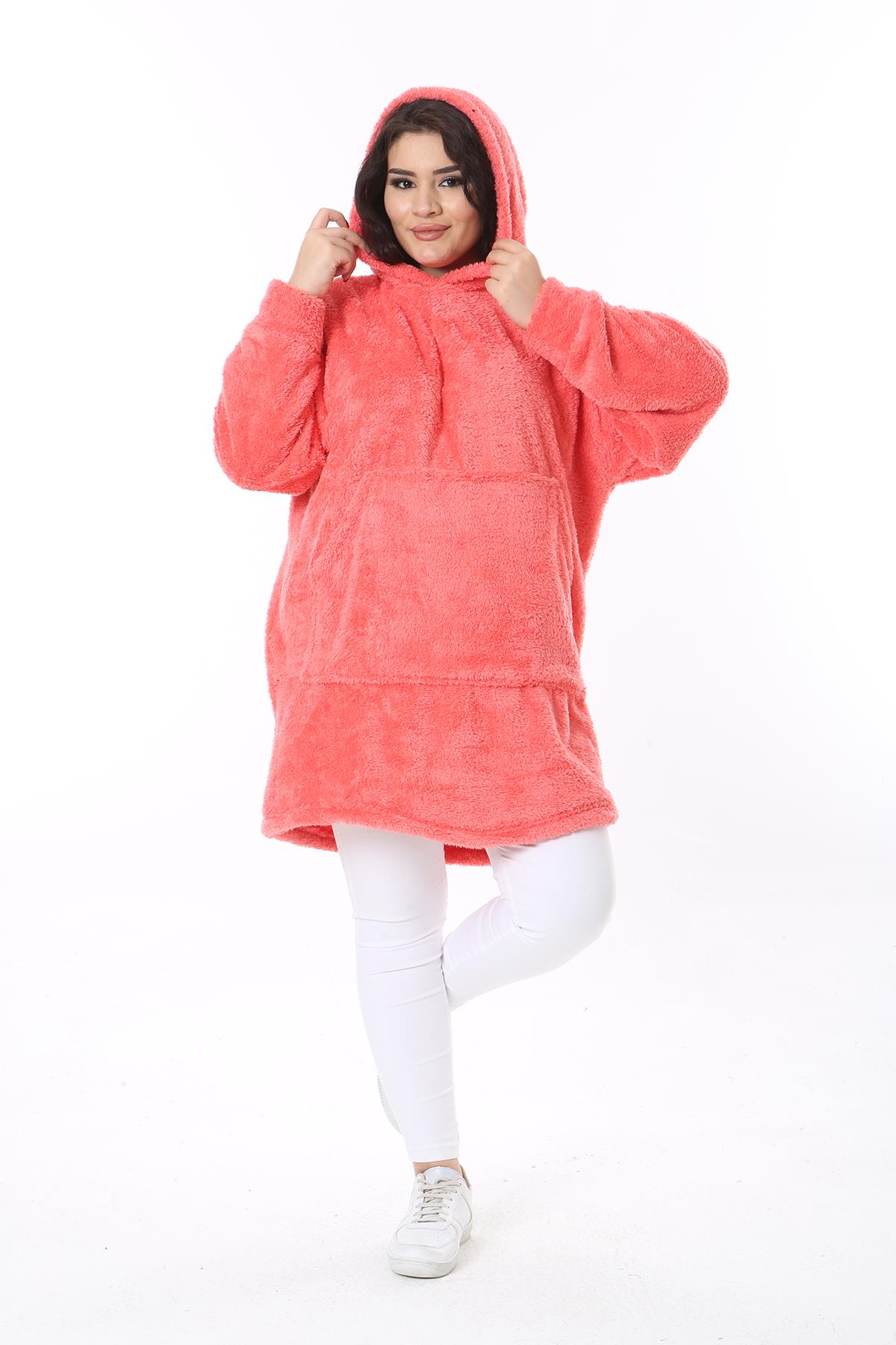 Kadın Büyük Beden Pembe Kapşonlu Peluş Sweatshirt 65N38573
