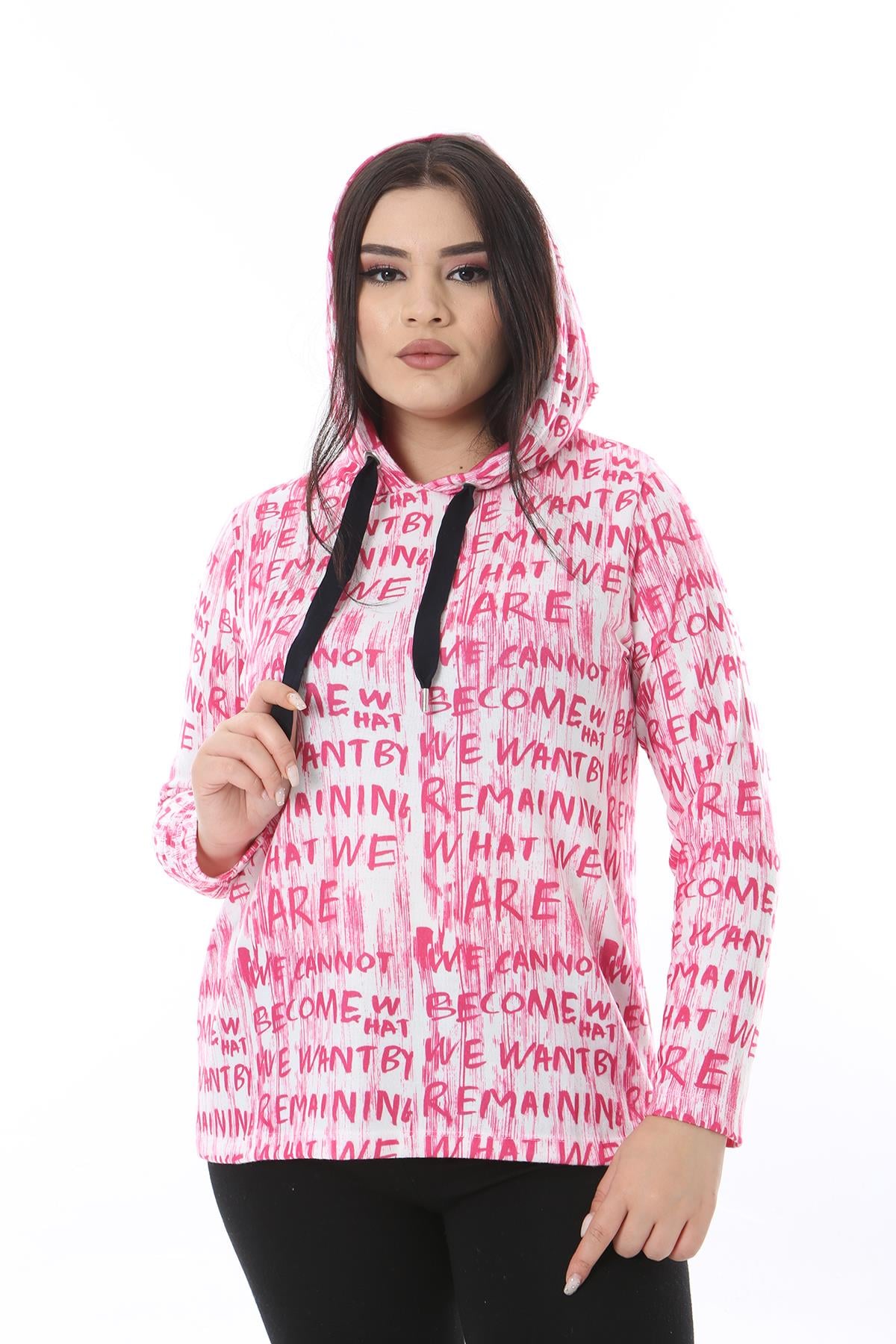 Kadın Büyük Beden Pembe Yakası Kuşgözü Bağcık Ve Kapşon Detaylı Reglan Kol Sweatshirt 65N38518