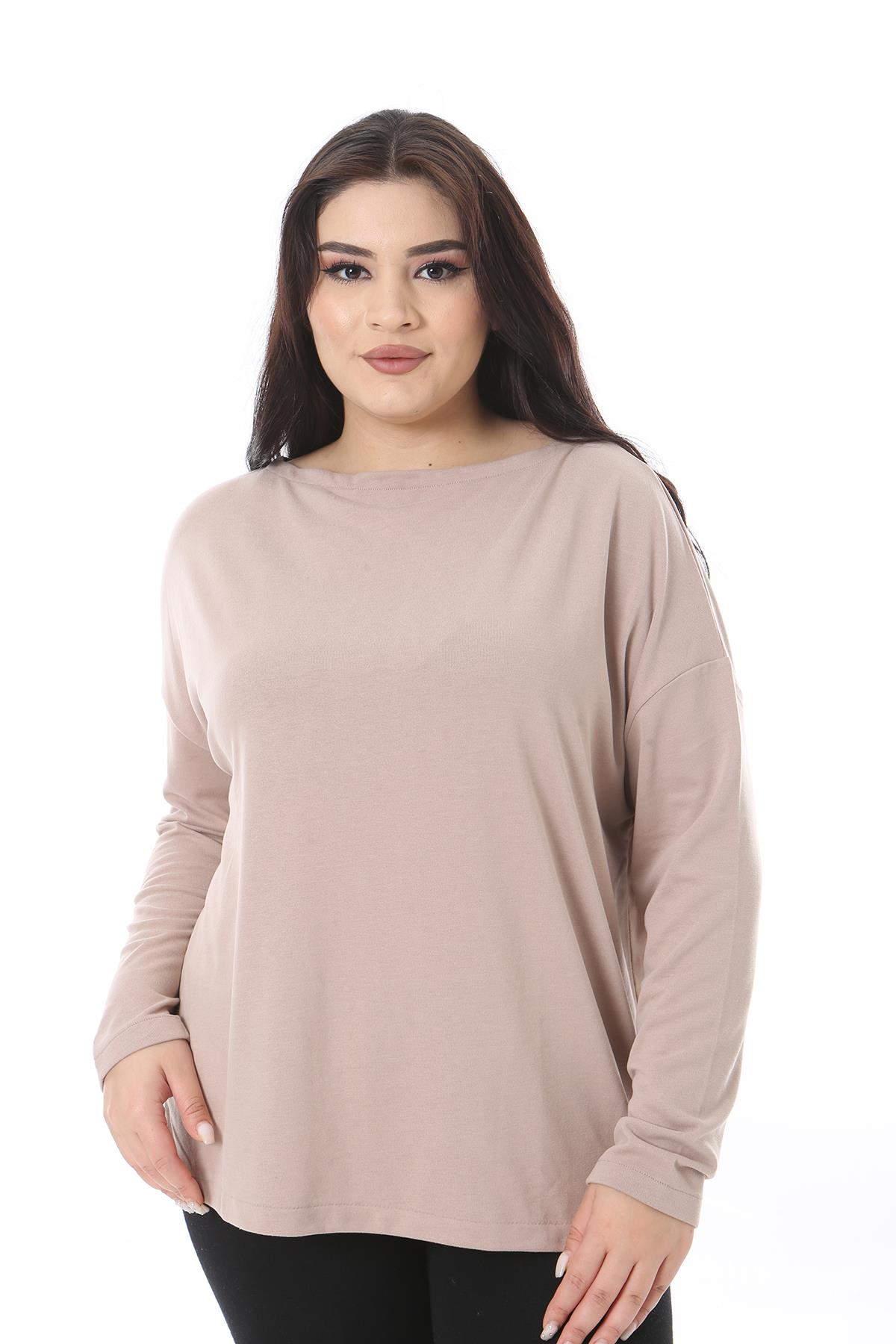 Kadın Büyük Beden Pudra Bisiklet Yakalı Uzun Kollu Bluz 65N38538