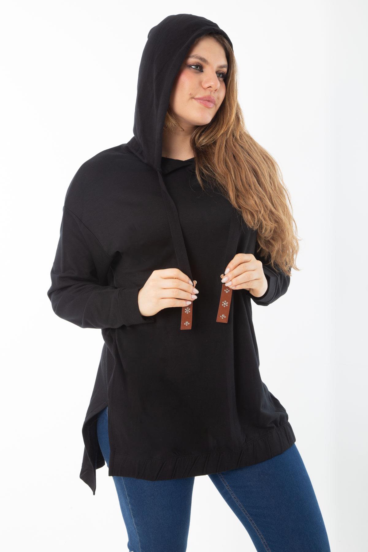 Kadın Büyük Beden Siyah Arkası Uzun Yan Yırtmaçlı Kapşonlu Sweatshirt 65N37310