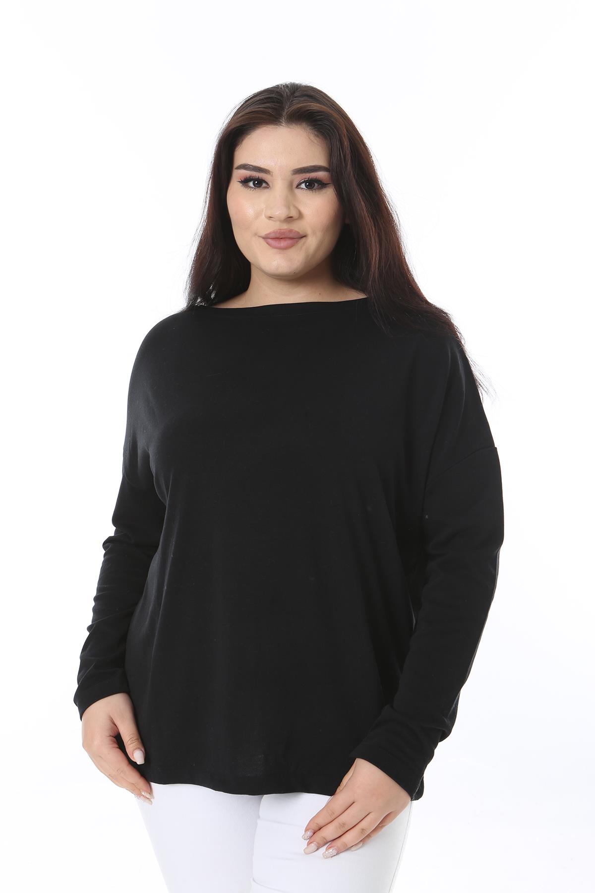 Kadın Büyük Beden Siyah Bisiklet Yakalı Uzun Kollu Bluz 65N38538