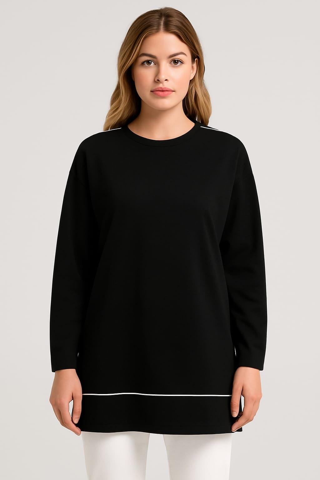 Kadın Büyük Beden Siyah, Bisklet Yaka, Omuz Ve Ön Biye Detaylı, Yanyırtmaçlı Sweatshirt 65N39148