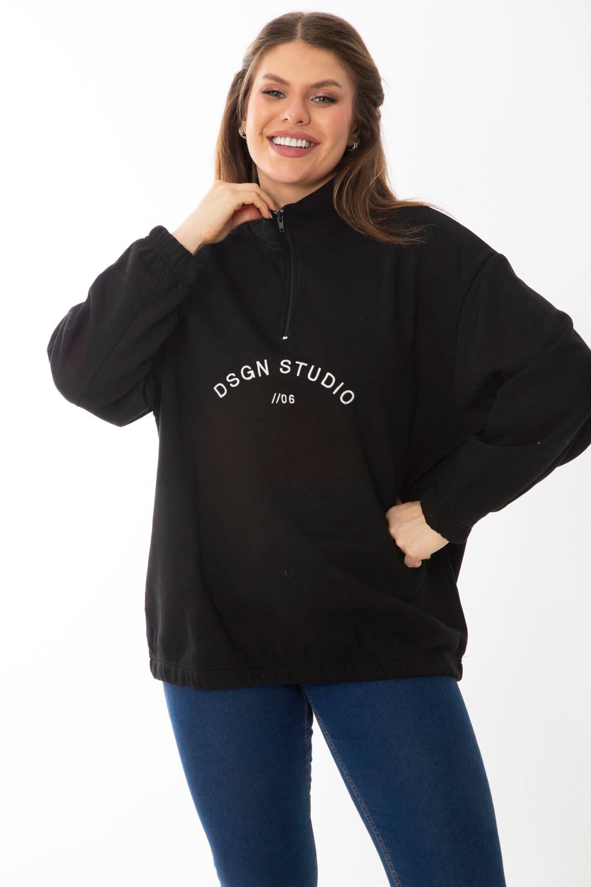 Kadın Büyük Beden Siyah İçi Şardonlu Ön Patı Fermuar Ve Nakış Detaylı Sweatshirt 65N37017