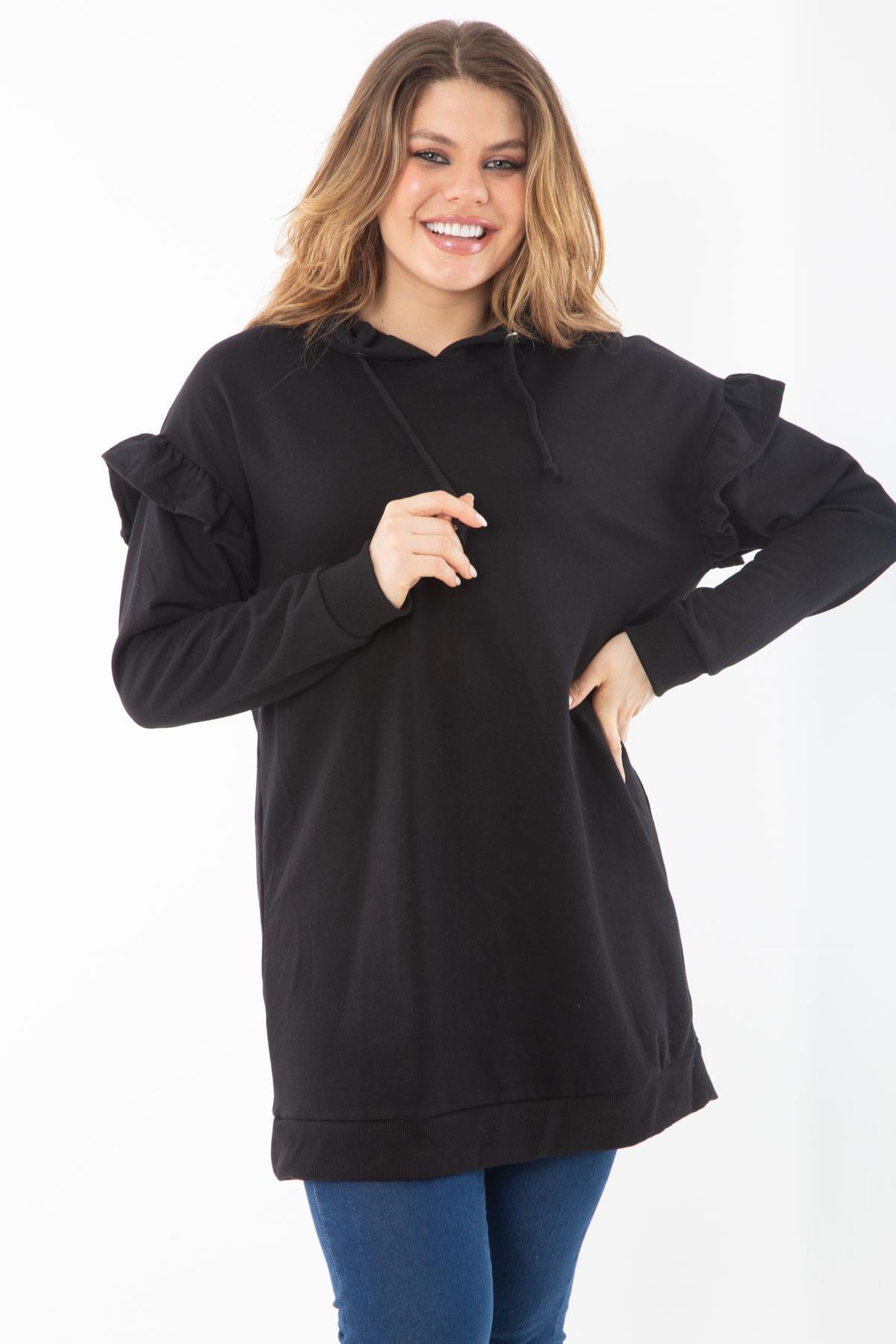 Kadın Büyük Beden Siyah İçi Şardonlu Üç İplik Kol Detaylı Kapşonlu Sweatshirt 65N37299
