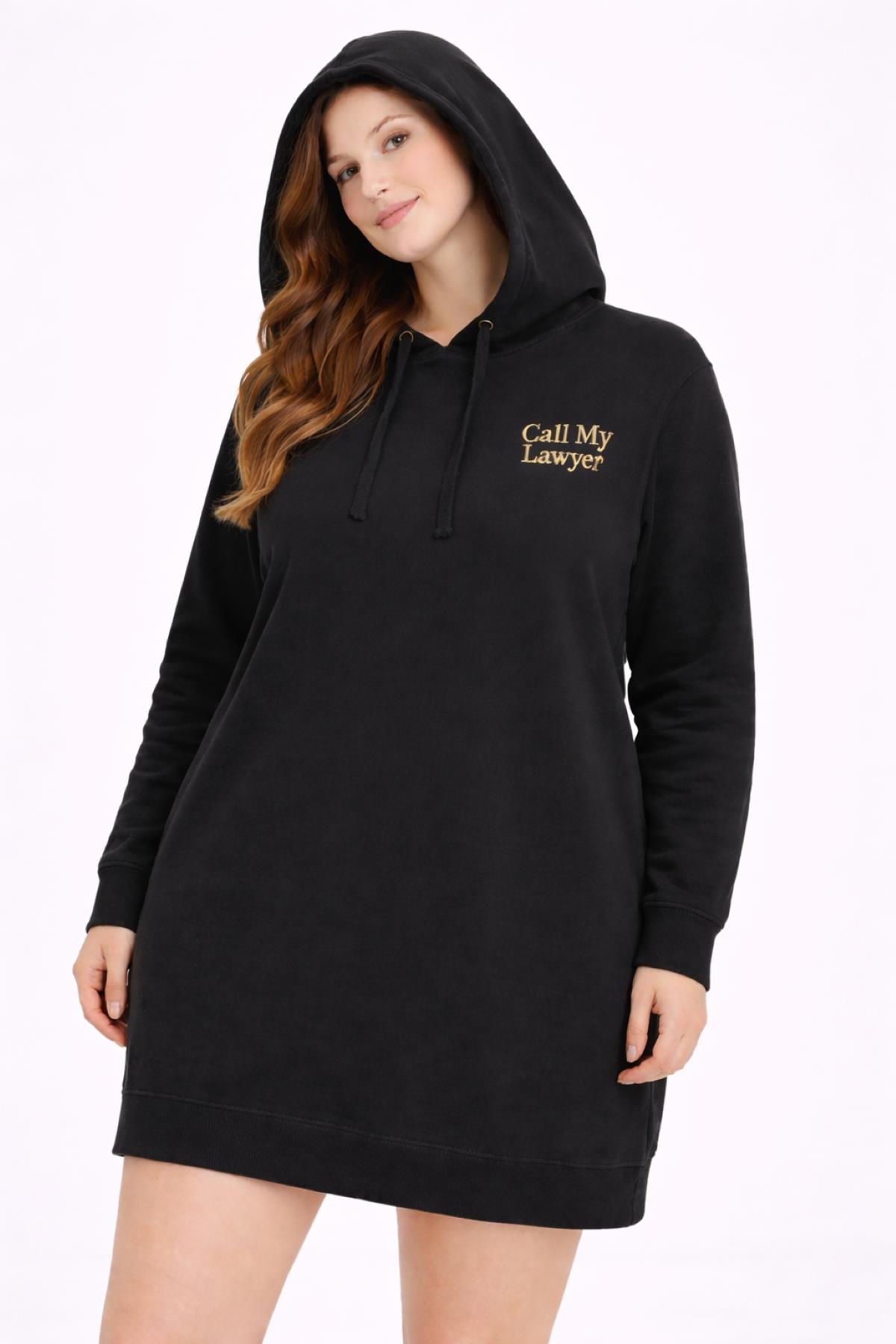 Kadın Büyük Beden Siyah, Kapüşonlu 2 İplik Uzun Sweatshirt 65N39295