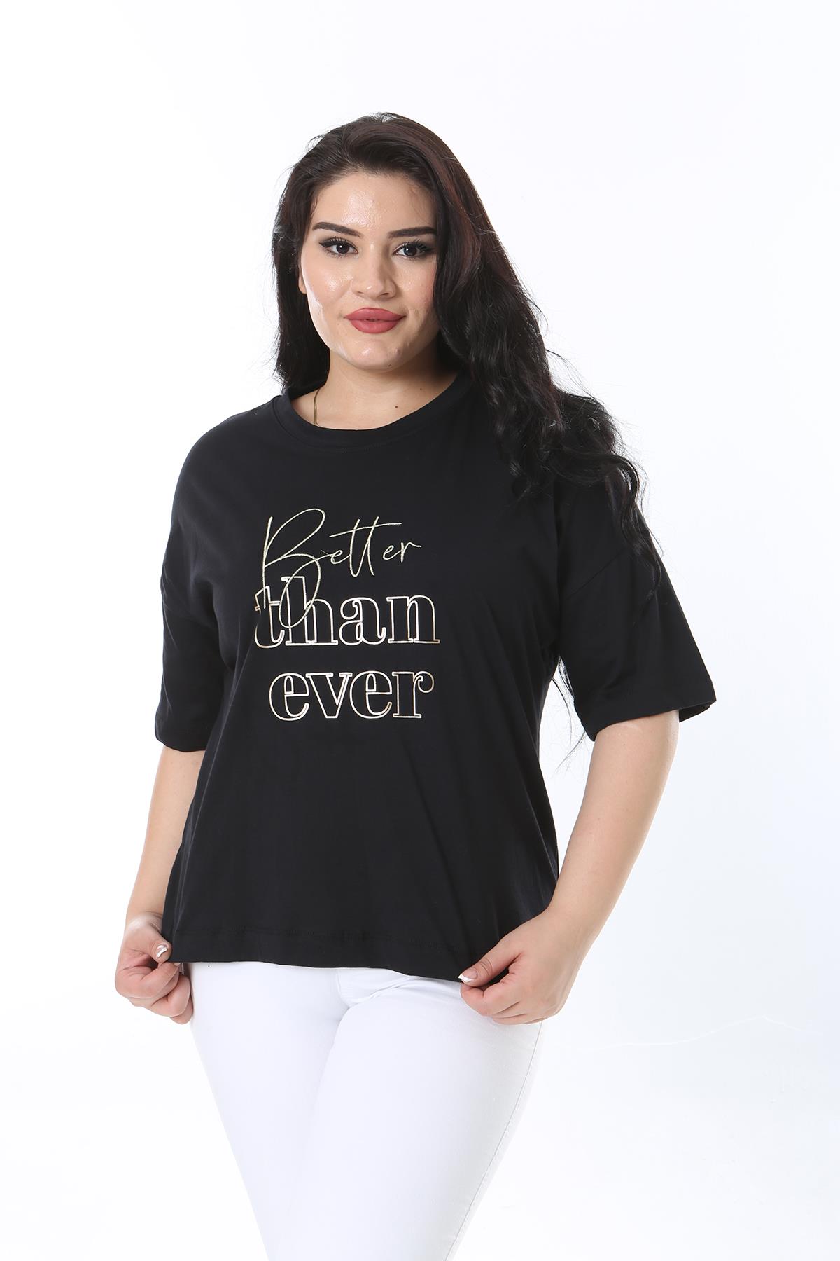 Kadın Büyük Beden Siyah Ön Baskılı Kısa Kollu Bluz 65N38224