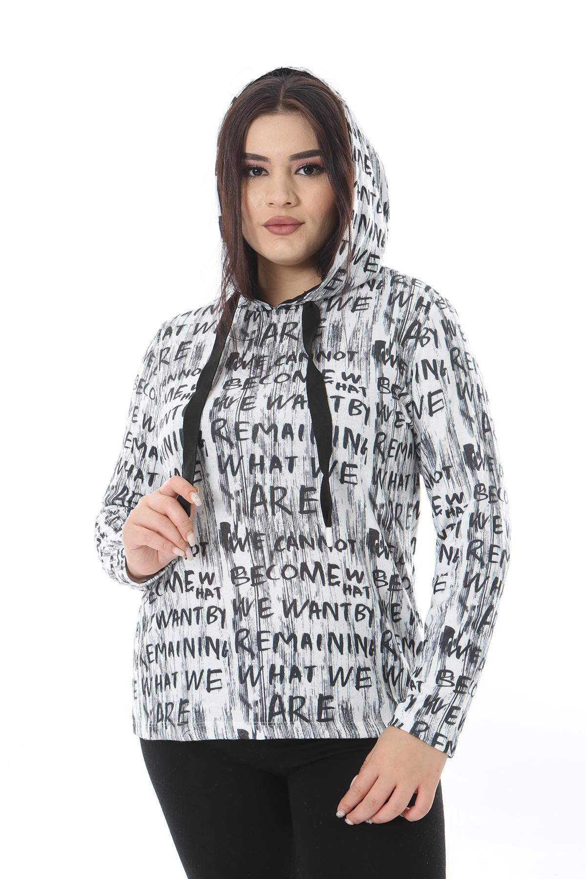 Kadın Büyük Beden Siyah Yakası Kuşgözü Bağcık Ve Kapşon Detaylı Reglan Kol Sweatshirt 65N38518