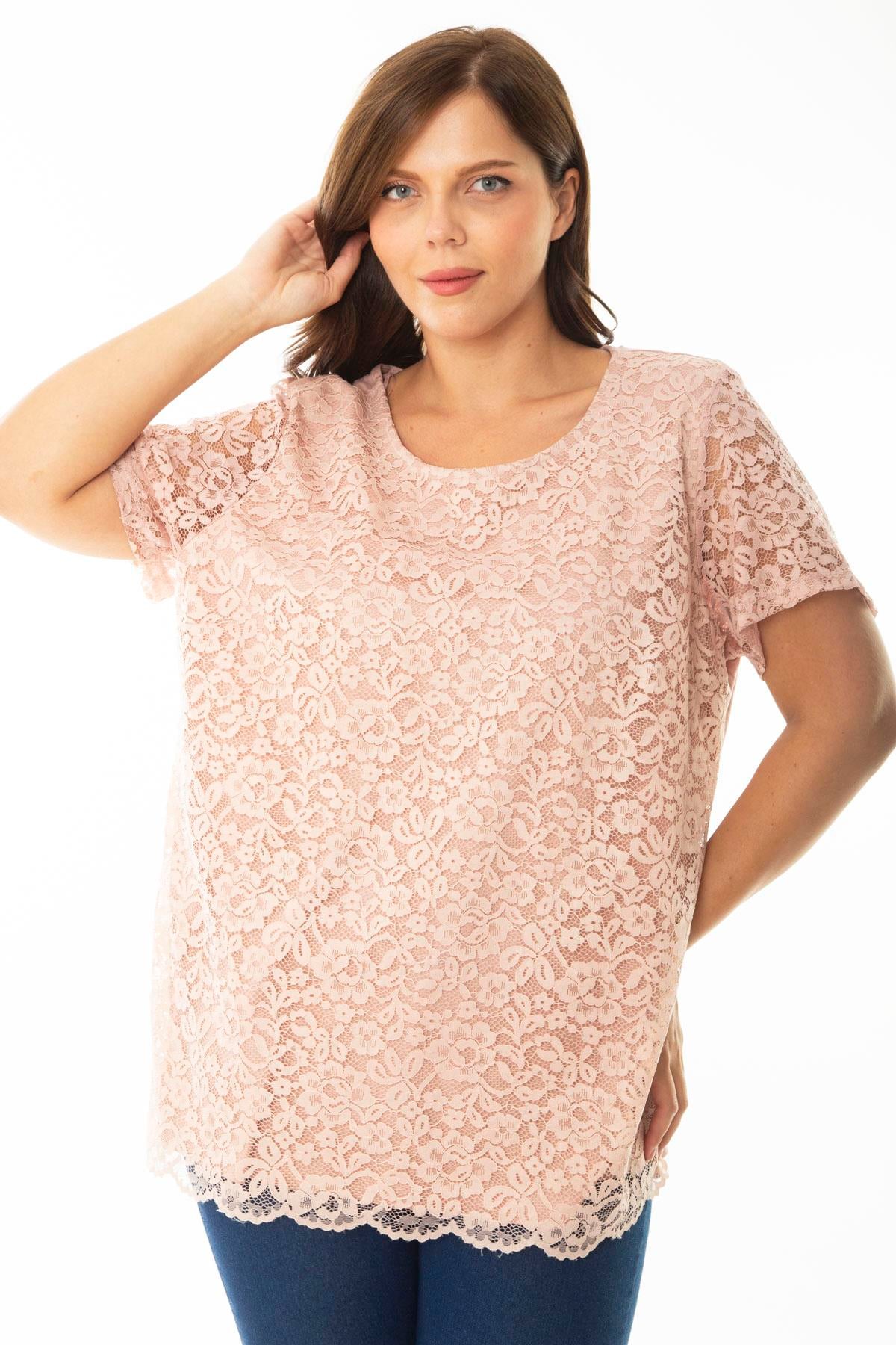 Kadın Büyük Beden Somon Önü Ve Kolları Dantel İçi Viskon Bluzlu Tunik 65N36956