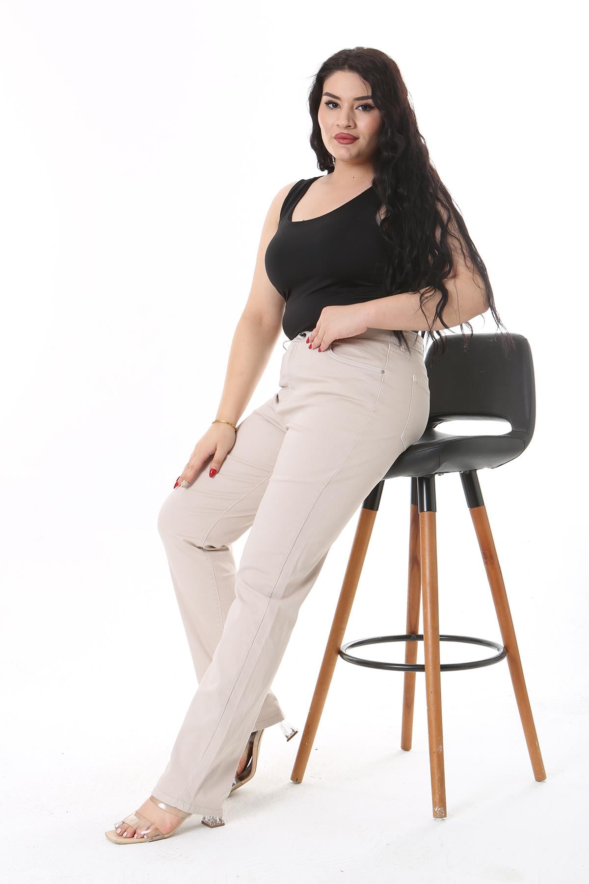 Kadın Büyük Beden Taş Yüksek Bel 5 Cepli Likralı Gabardin Pantolon 65N38731
