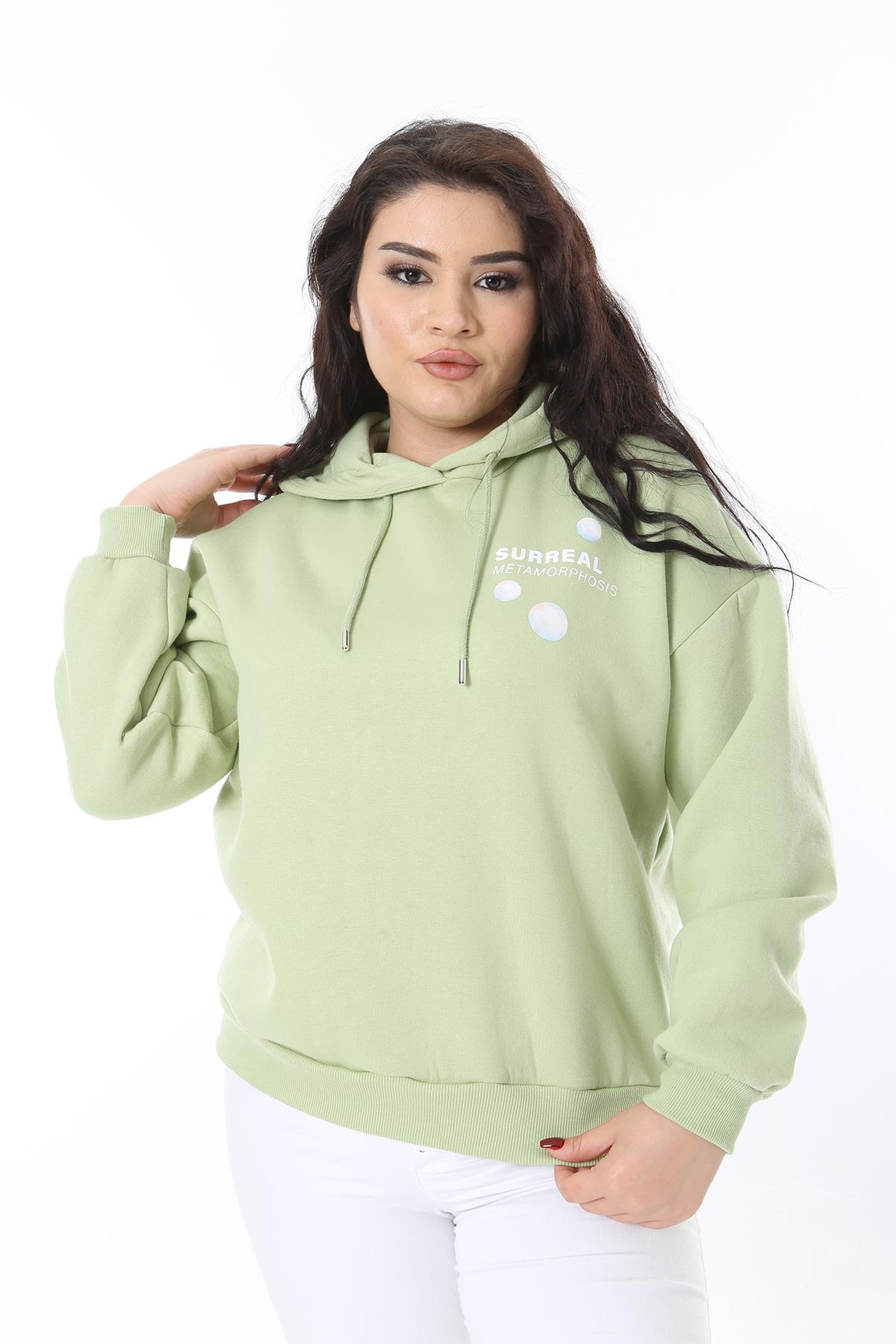 Kadın Büyük Beden Yeşil Polar İçi Şardonlu Sweatshirt 65N38613