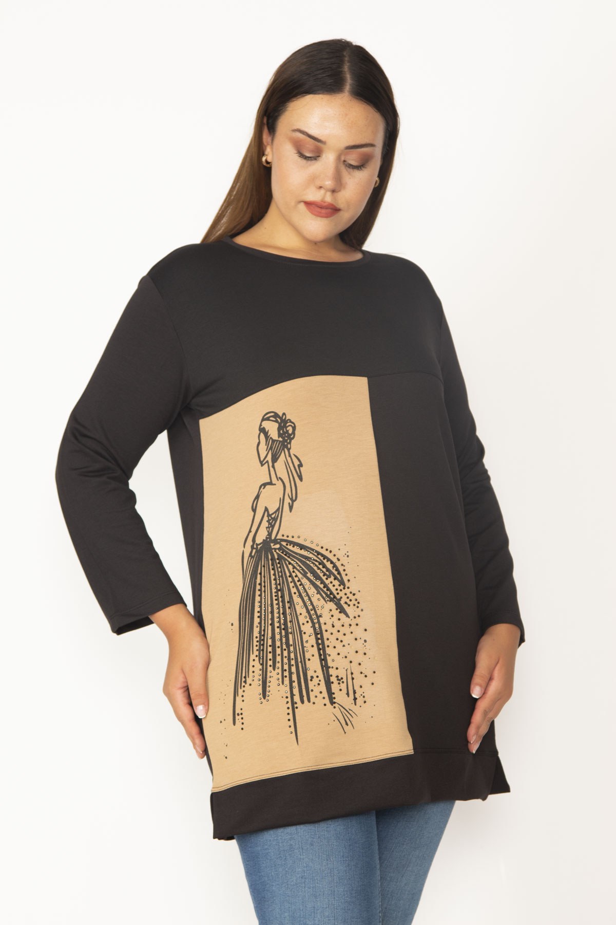 Kadın Camel Baskı Ve Taş Detaylı Renk Kombinli Sweatshirt 65N28012