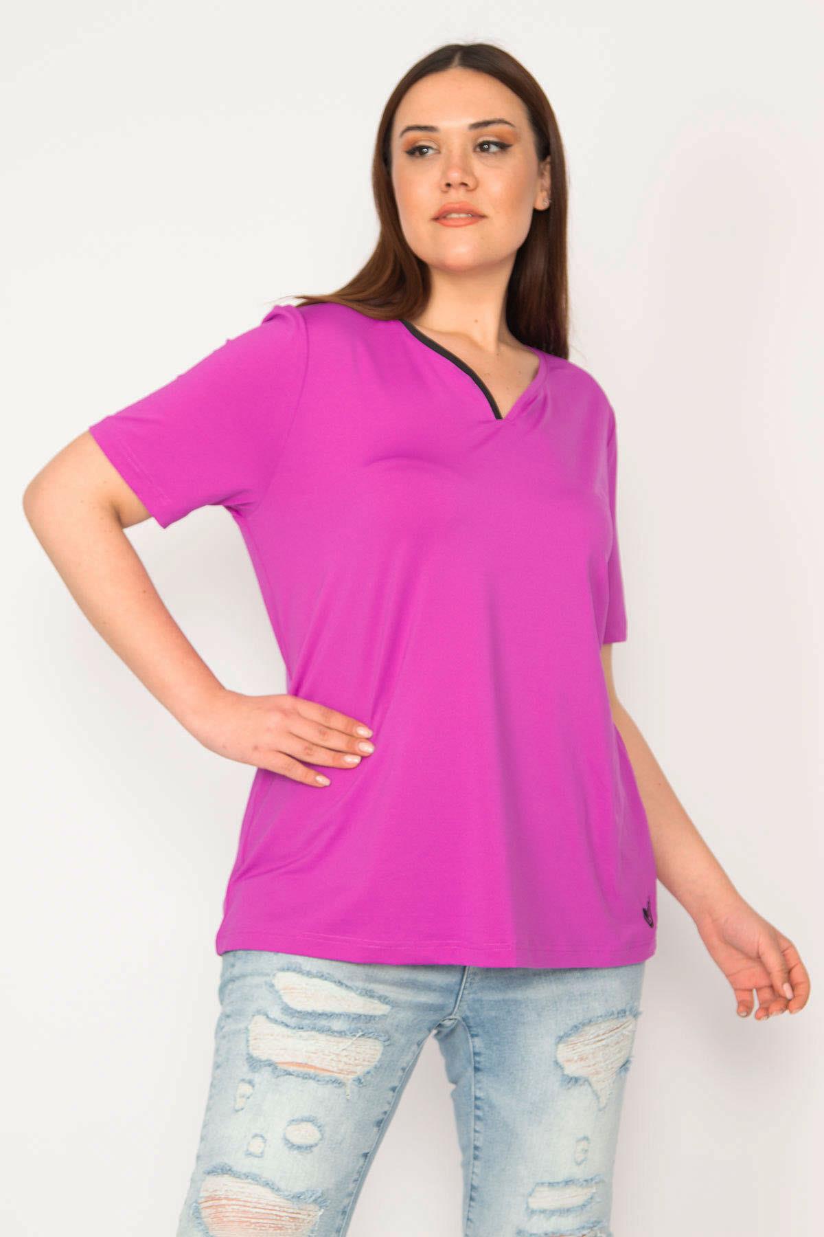 Kadın Eflatun Büyük Beden Tek Yaka Biyeli Spor Bluz 65N35619
