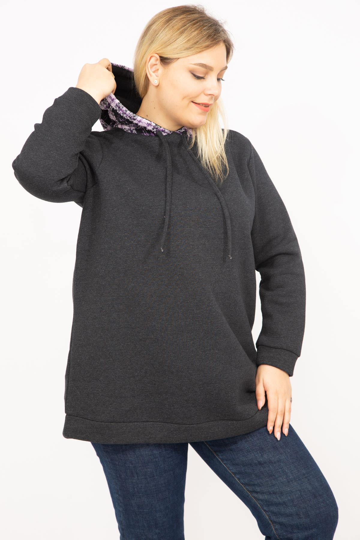 Kadın Füme Büyük Beden 3 İplik İçi Şardonlu Kapşonlu Sweatshirt 65N35750