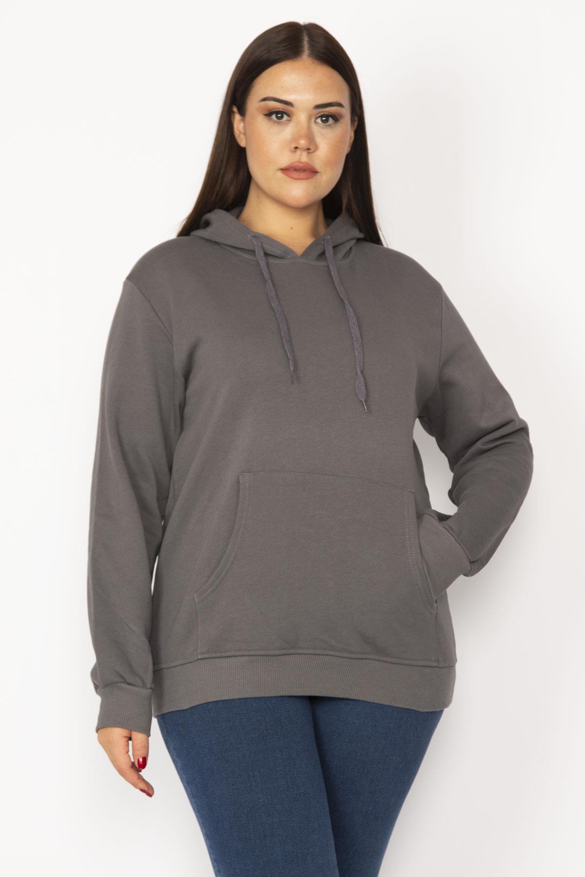 Kadın Füme İçi Şardonlu 3 İplik Kanguru Cepli Kapşonlu Sweatshirt 65N29644