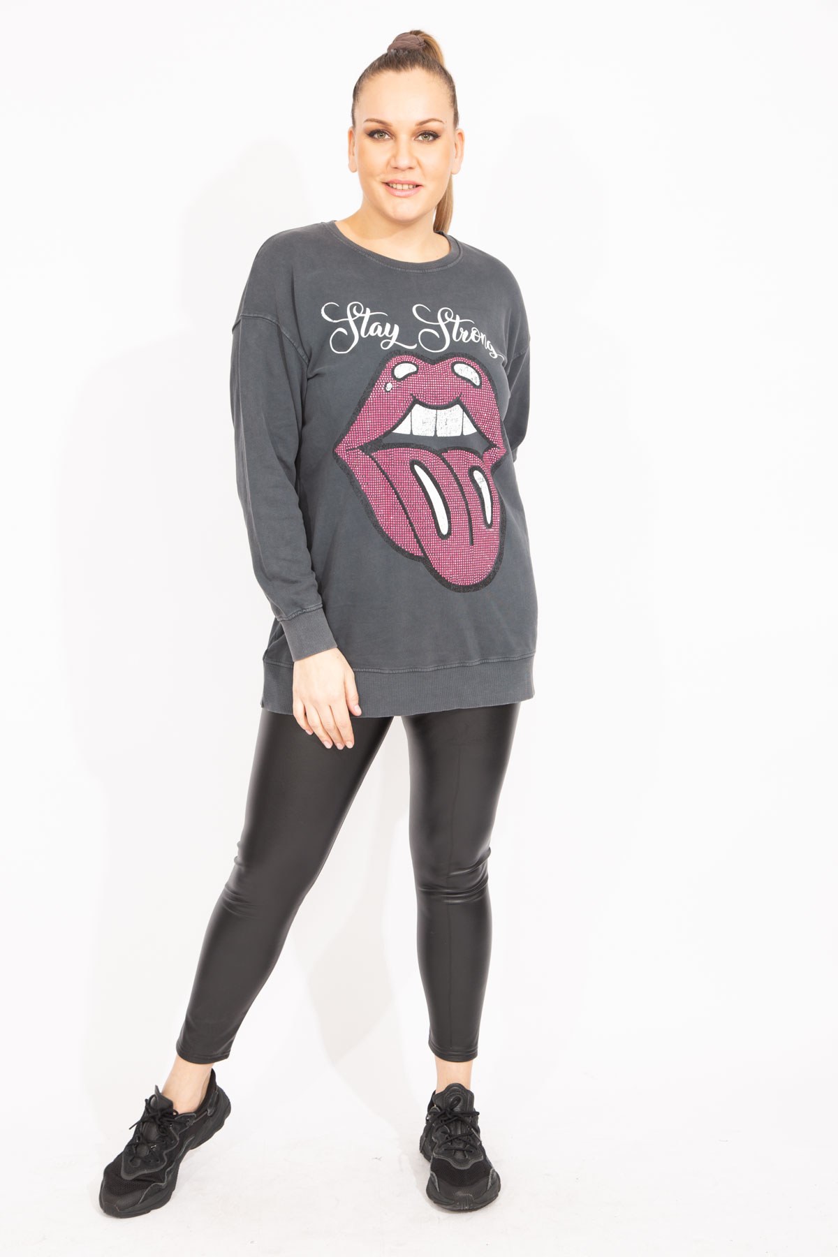 Kadın Füme Taş Detaylı Sweatshirt   65N35493