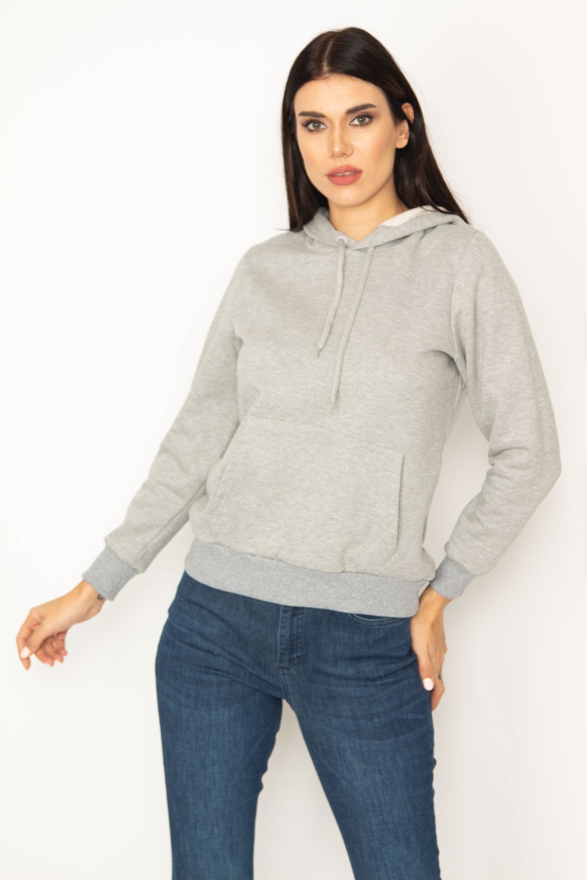 KADIN GRİ 3 İPLİK ŞARDONLU KAPŞONLU SWEATSHİRT