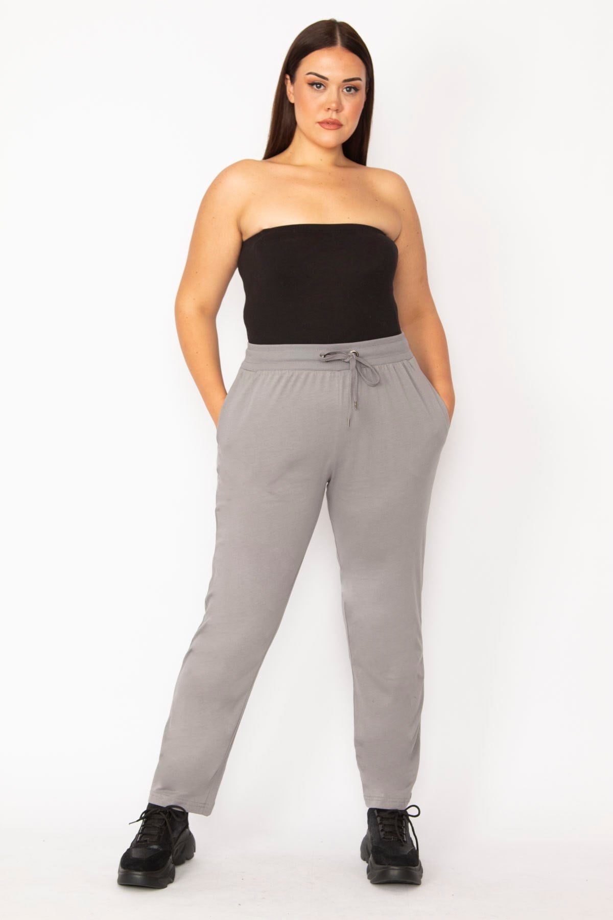 Kadın Gri Beli Lastik Ve Kuşgözü Kaytan Detaylı Cepli Spor Pantolon 65N29152