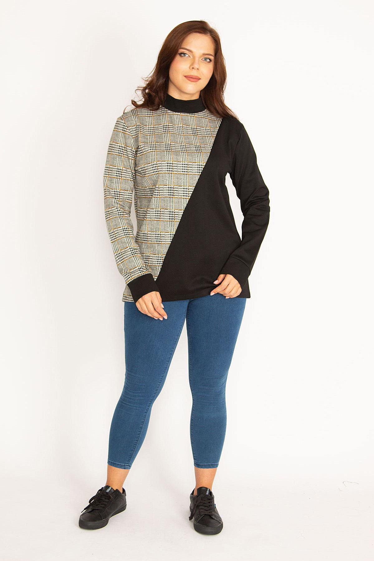 Kadın Gri Ekoseli Sweatshirt 65N34755