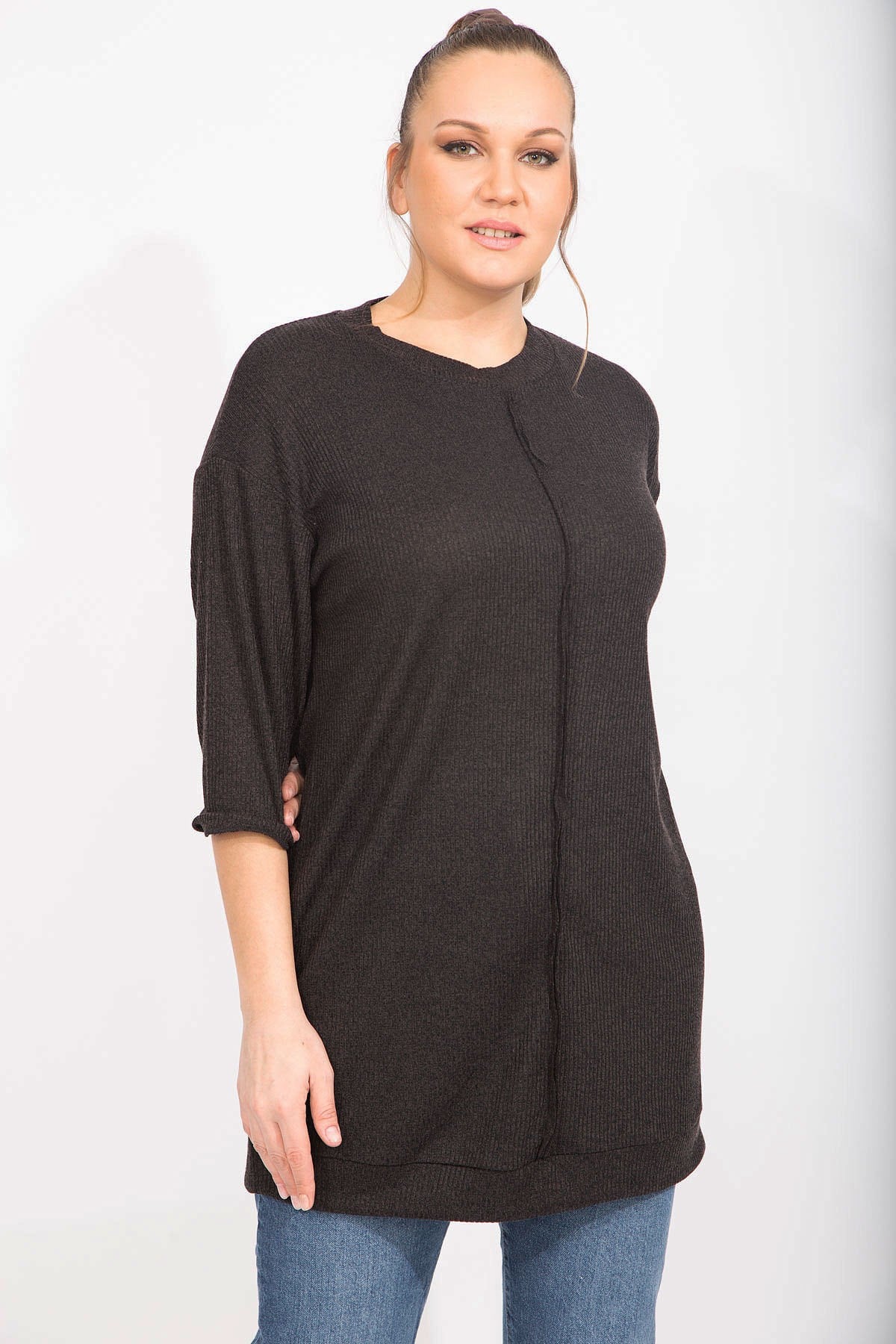 Kadın Gri Kaşkorse Kumaş Ön Dikiş Detaylı Uzun Tunik 65N35498
