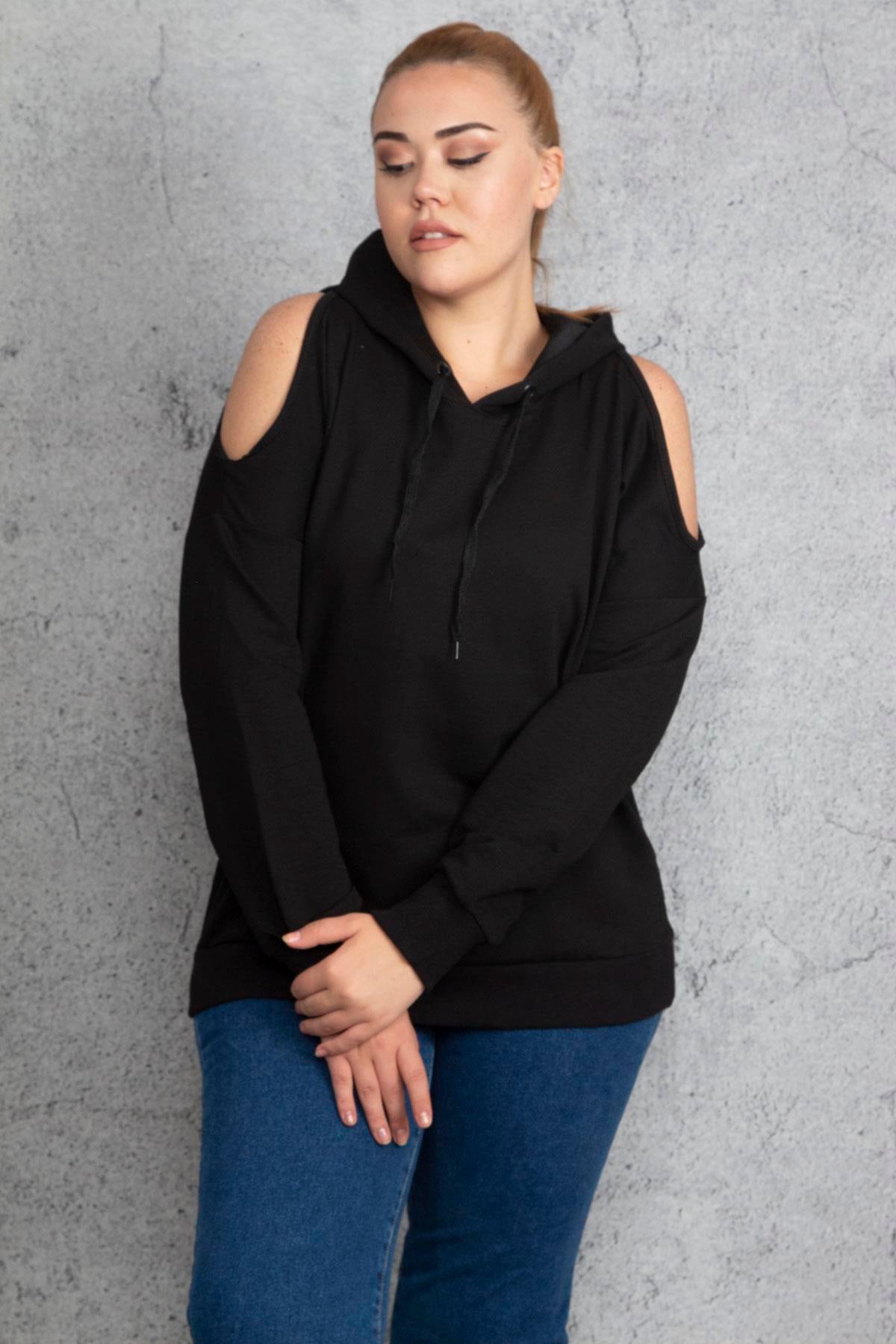 Kadın Haki Kapşonlu Omuz Dekolteli Sweatshirt 65N18831