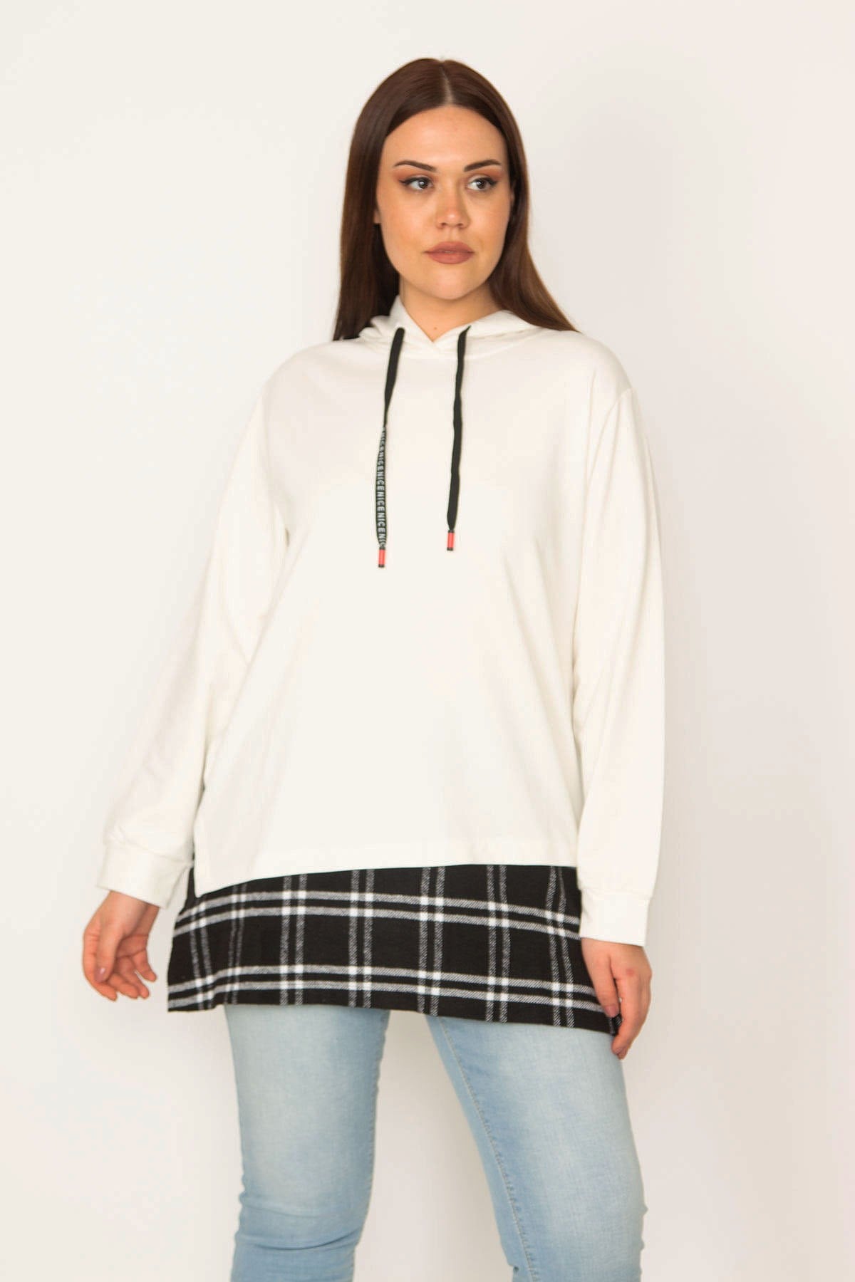Kadın Kemik Kapşonlu Etek Ucu Ekose Garnili Sweatshirt 65N31947