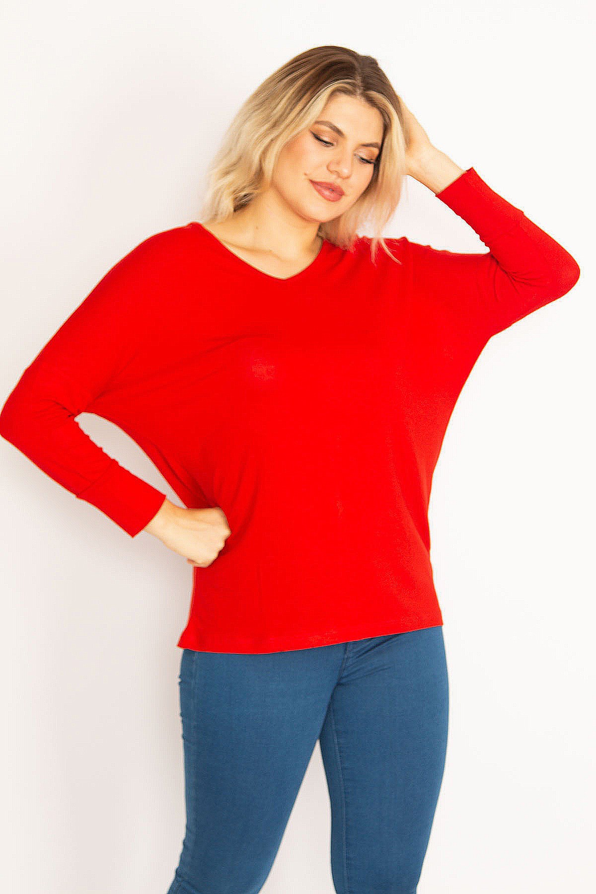 Kadın Kırmızı V Yakalı Yarasa Kol Bluz 65N34684