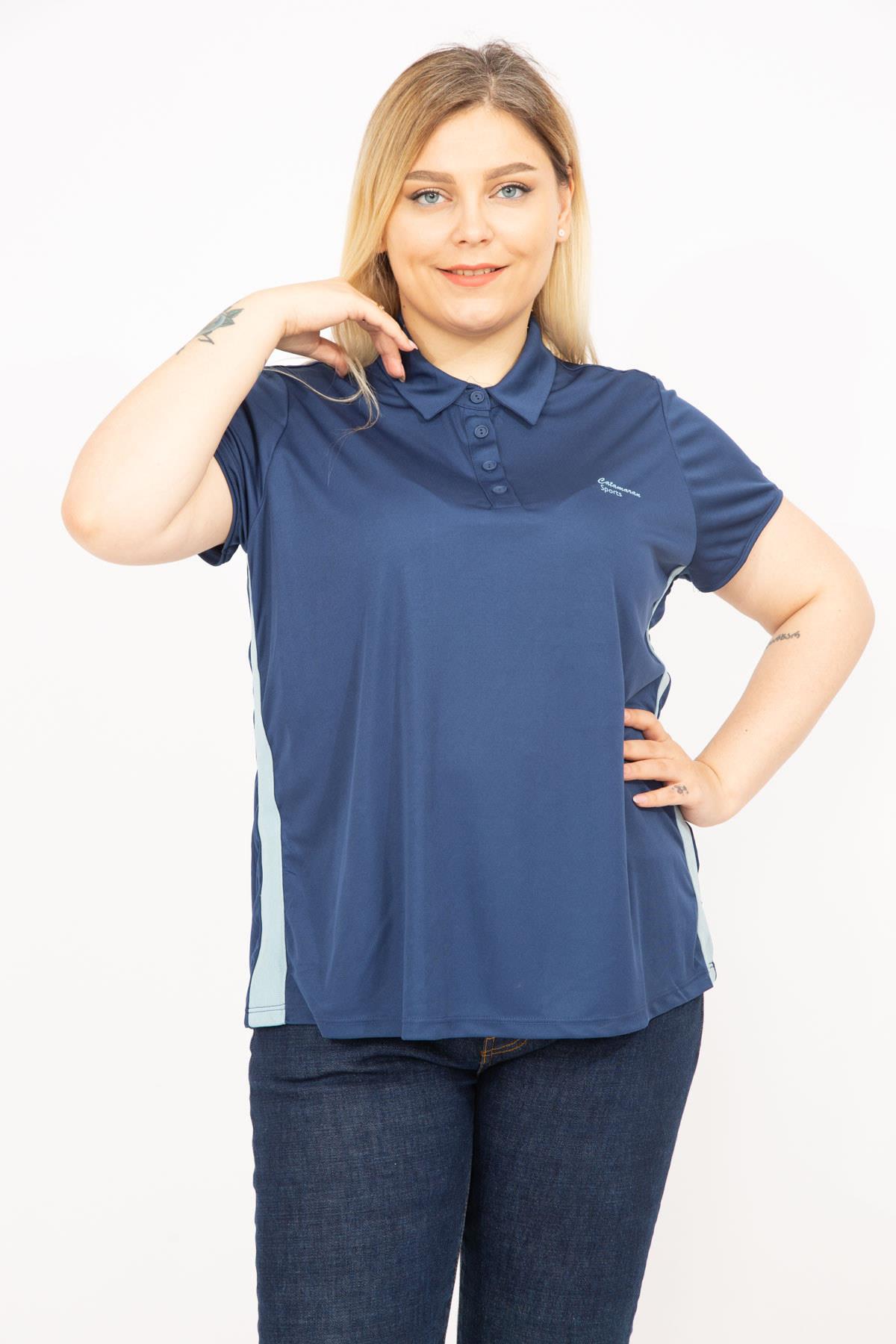 Kadın Lacivert Büyük Beden Polo Yakalı Yan Şeritli Spor Bluz 65N35771