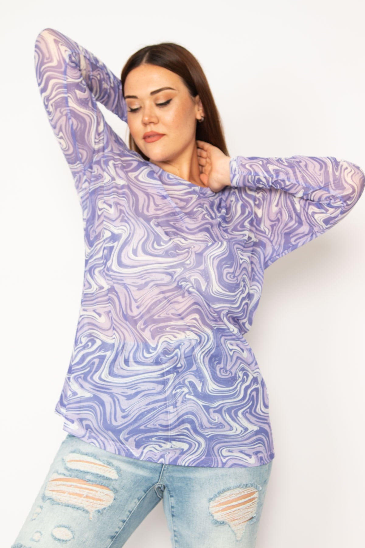 Kadın Lila Likralı Tül Bluz 65N33269